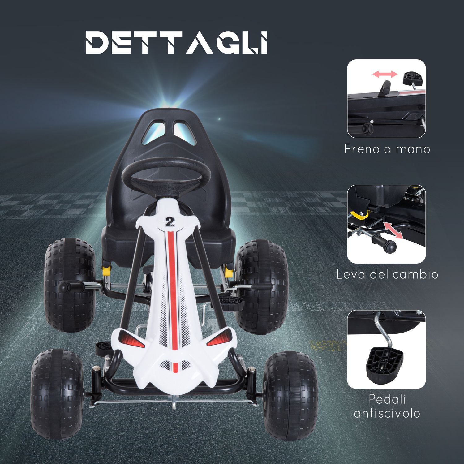 Go kart a pedali per bambini 3-6 anni con sedile regolabile, in plastica e ferro, 101.5x65.5x59.5 cm, bianco e nero - 