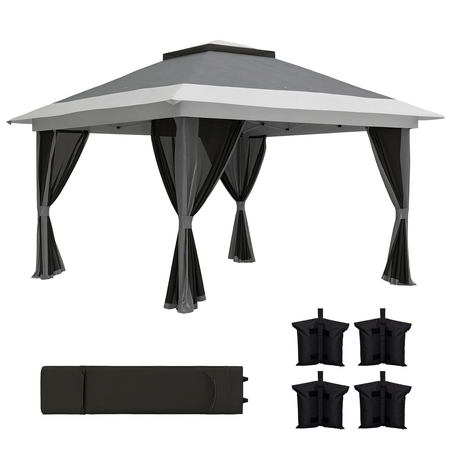 Gazebo pieghevole 3.6x3.6 m con pareti, altezza regolabile e protezione upf50+, borsa con ruote, grigio - 