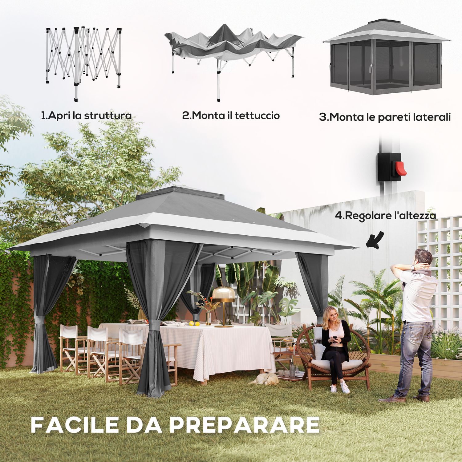 Gazebo pieghevole 3.6x3.6 m con pareti, altezza regolabile e protezione upf50+, borsa con ruote, grigio - 