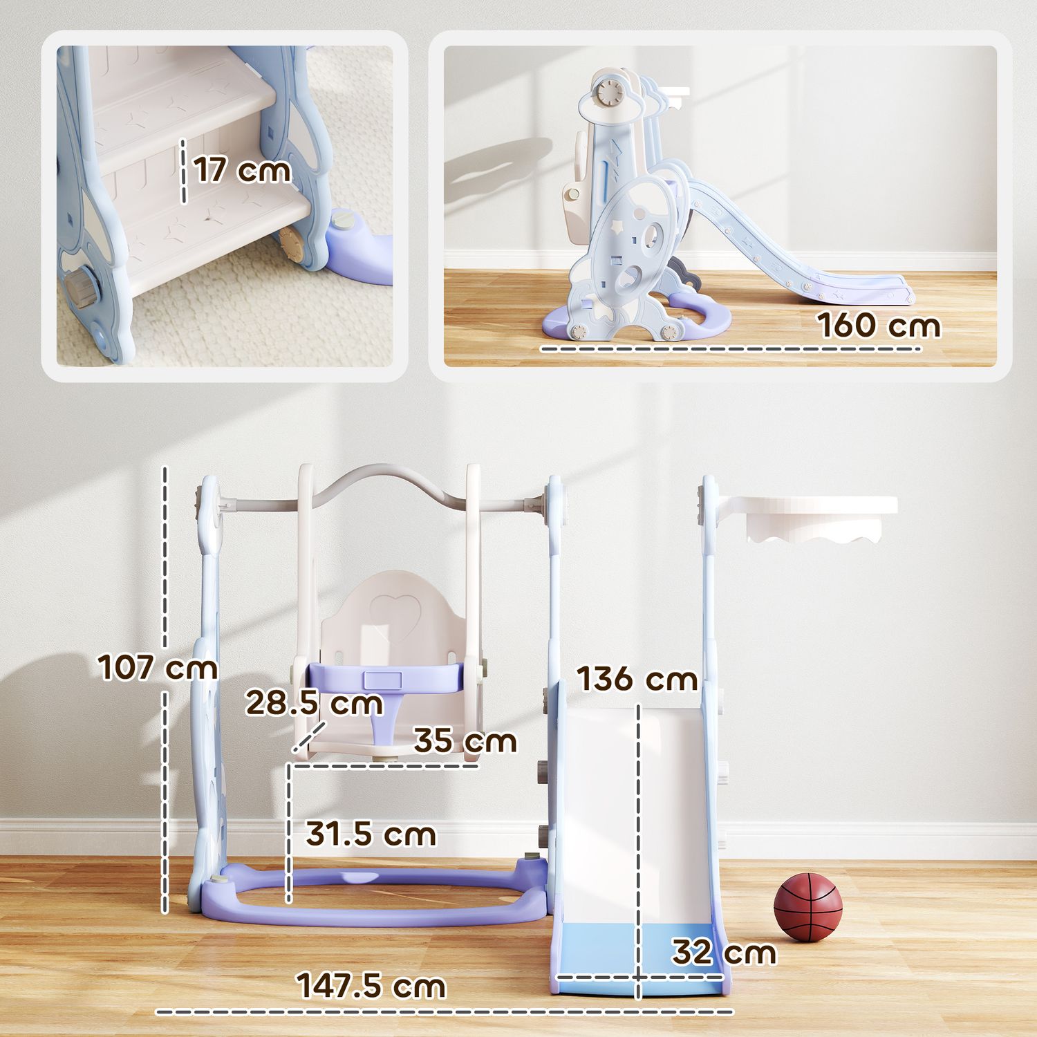 Gioco per bambini 4 in 1 con scivolo, altalena, arrampicata e canestro, 147.5x160x107 cm, azzurro chiaro - 