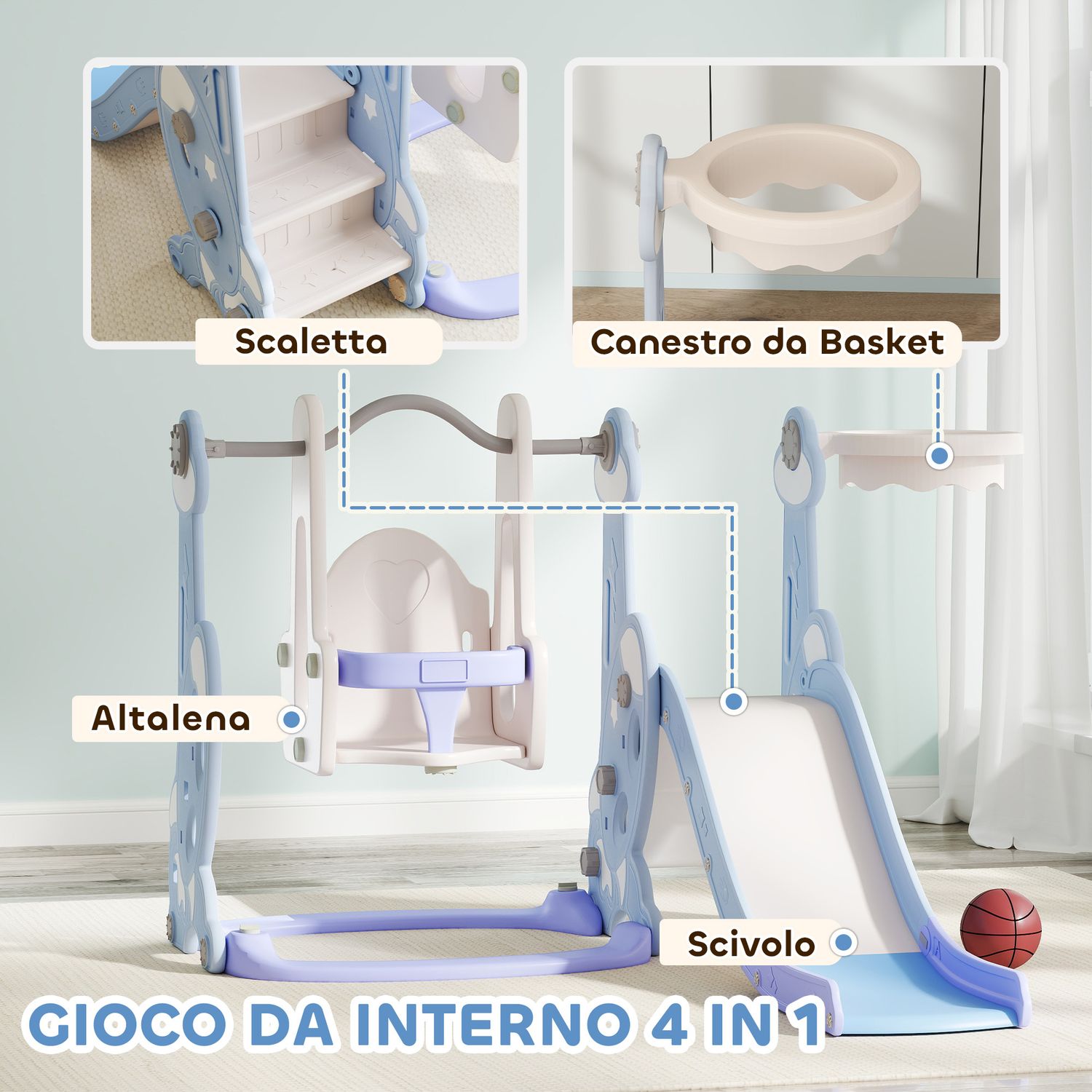 Gioco per bambini 4 in 1 con scivolo, altalena, arrampicata e canestro, 147.5x160x107 cm, azzurro chiaro - 