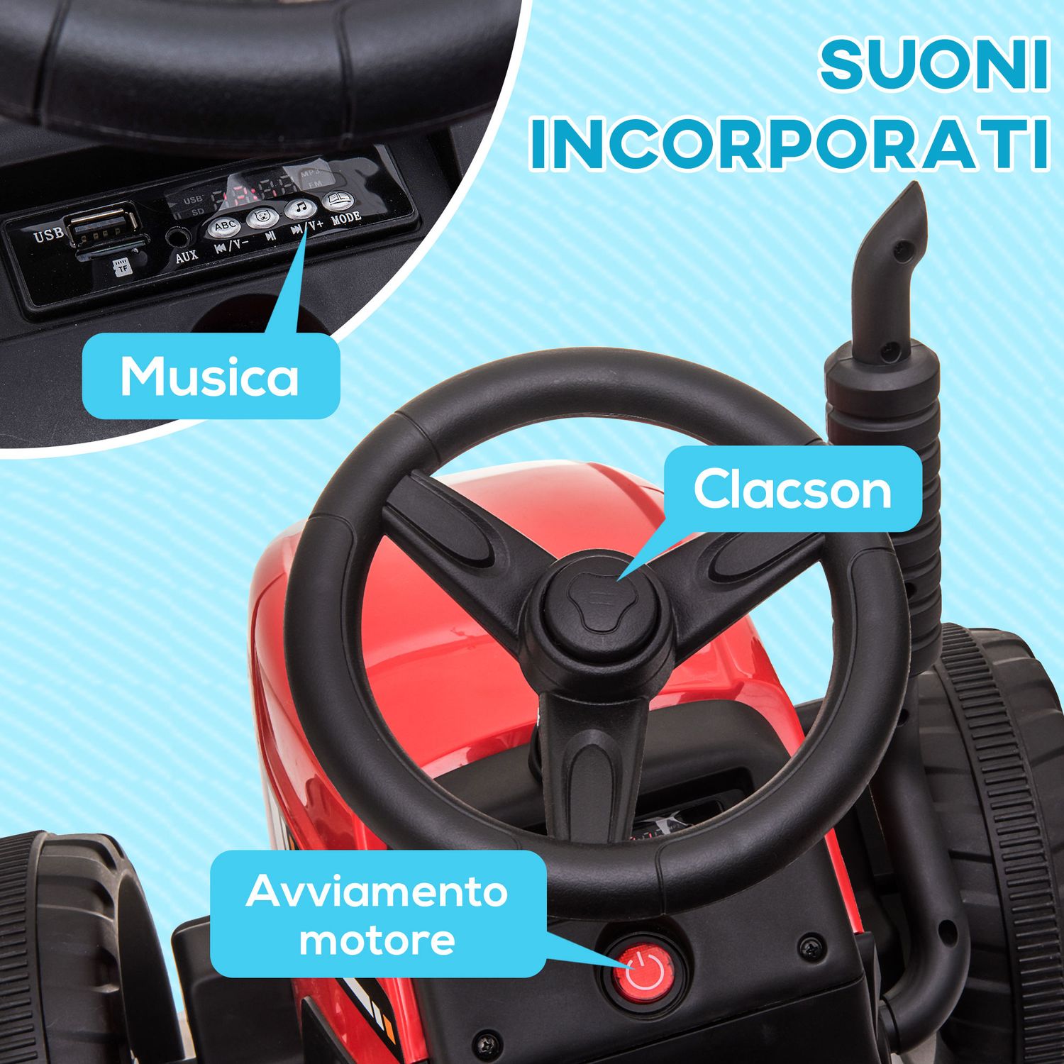 Trattore elettrico per bambini 3-6 anni con rimorchio rimovibile, batteria 12v e telecomando, rosso - 