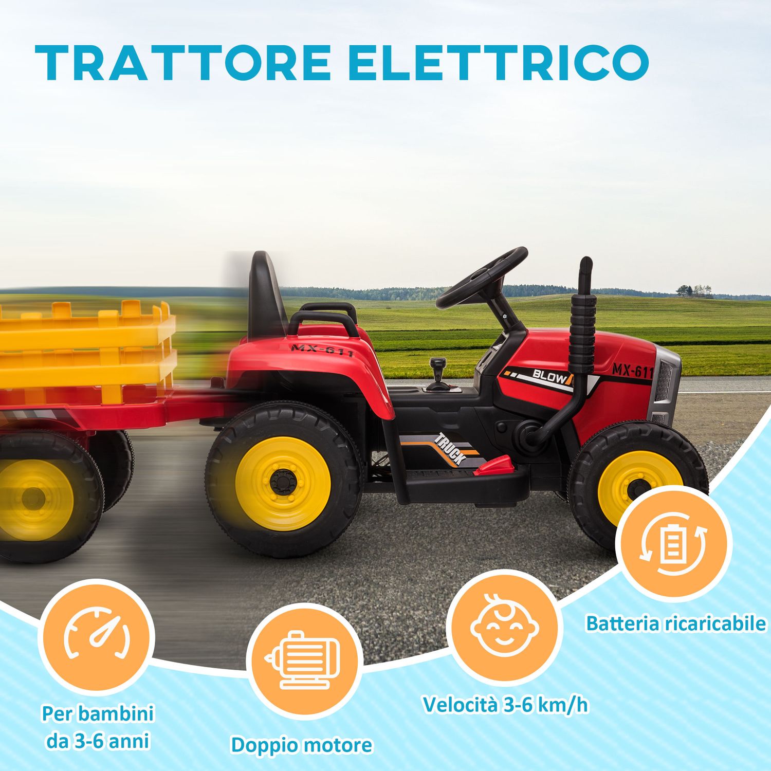 Trattore elettrico per bambini 3-6 anni con rimorchio rimovibile, batteria 12v e telecomando, rosso - 