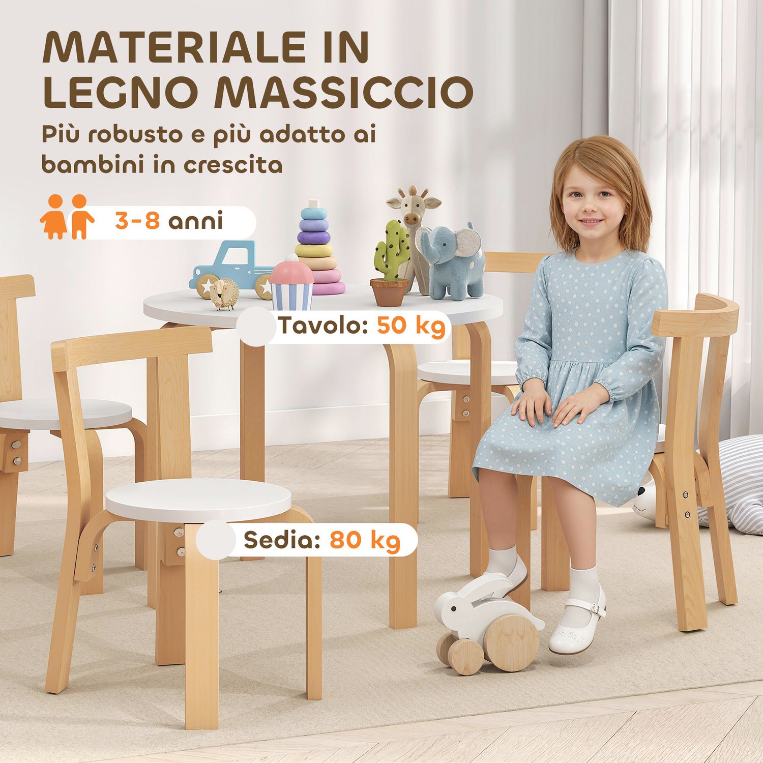 Set tavolo e sedie per bambini 3-8 anni 5 pz con bordi arrotondati in legno bianco - 