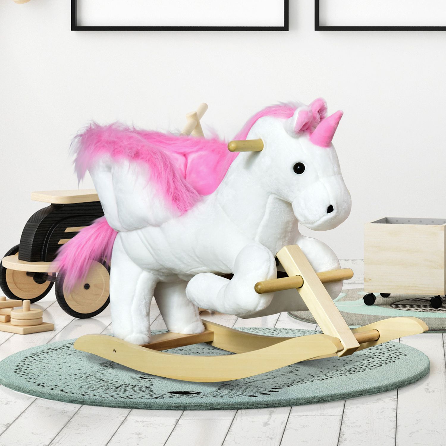 Cavallo a dondolo unicorno con musica in metallo e legno 65x32x55cm - 