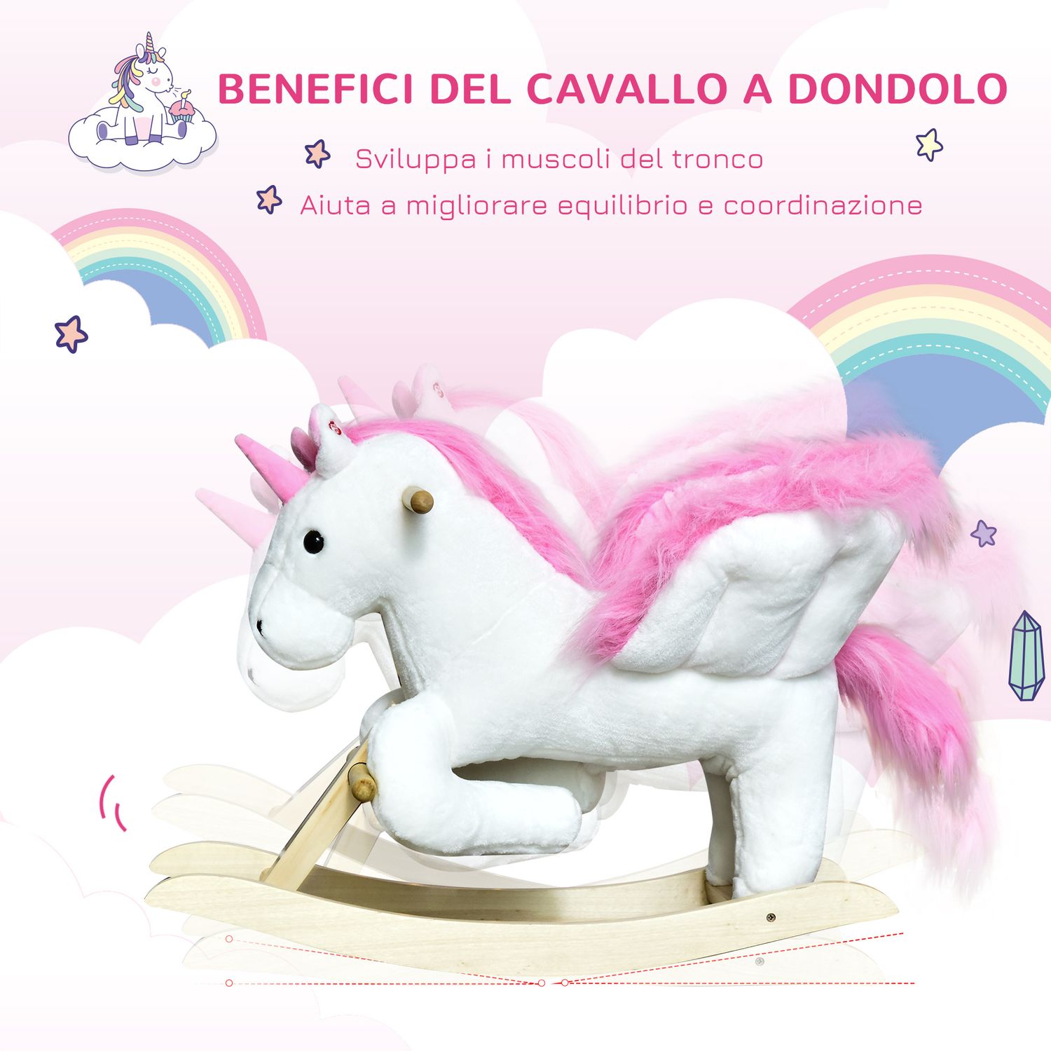 Cavallo a dondolo unicorno con musica in metallo e legno 65x32x55cm - 