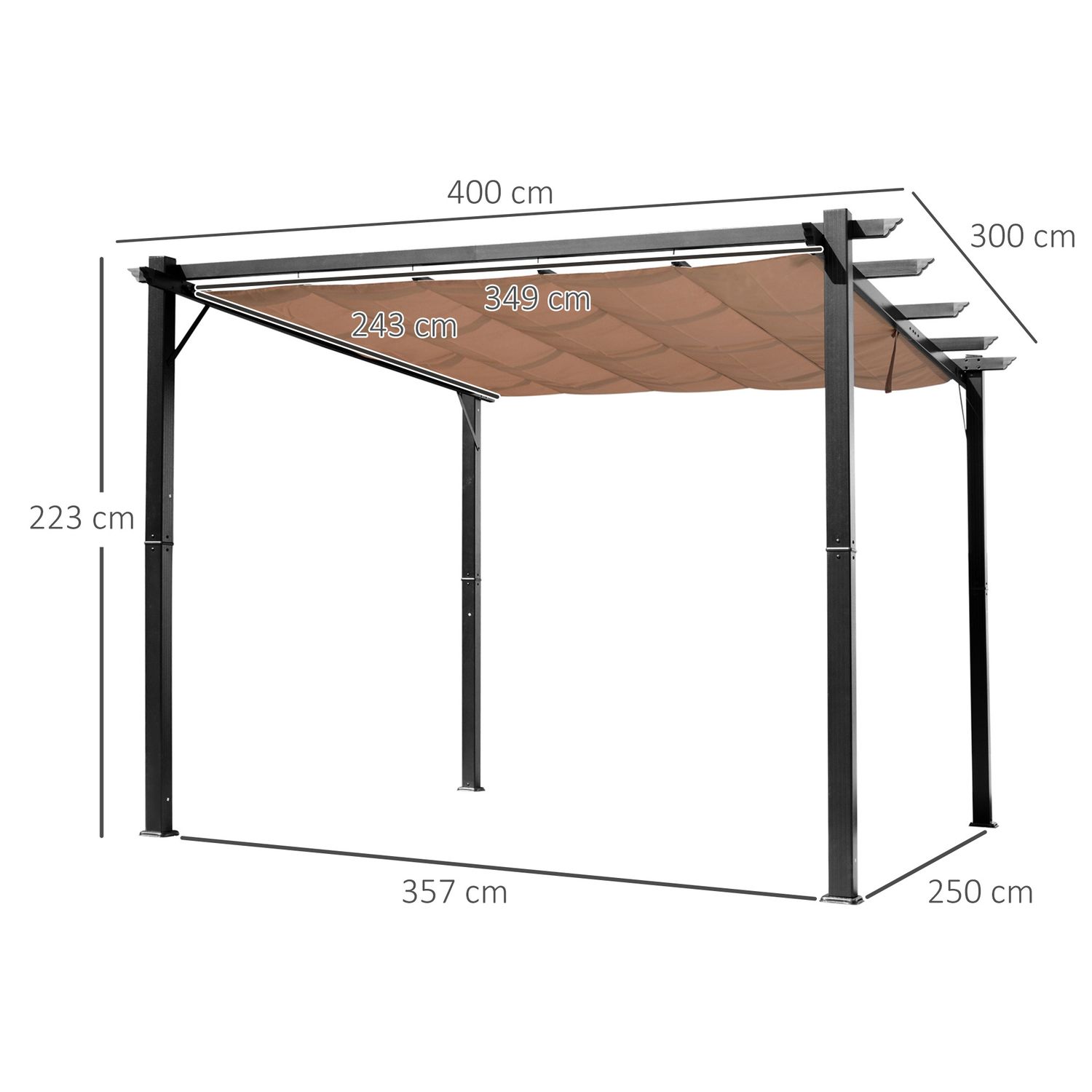 Gazebo pergola da giardino 3x4m con telo in poliestere e struttura in alluminio, grigio e marrone - 