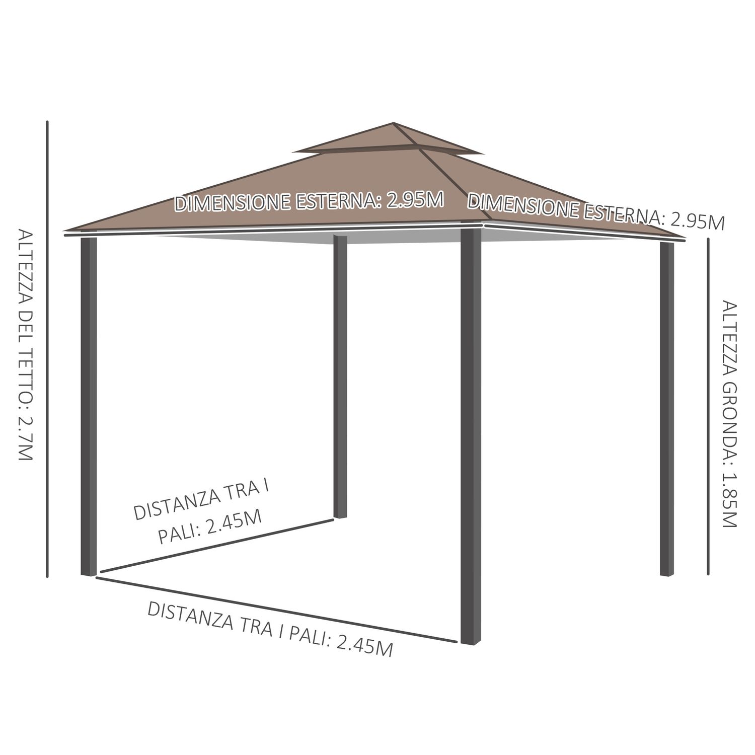 Gazebo da giardino 3x3m con zanzariera, tetto a 2 livelli e struttura in metallo marrone - 