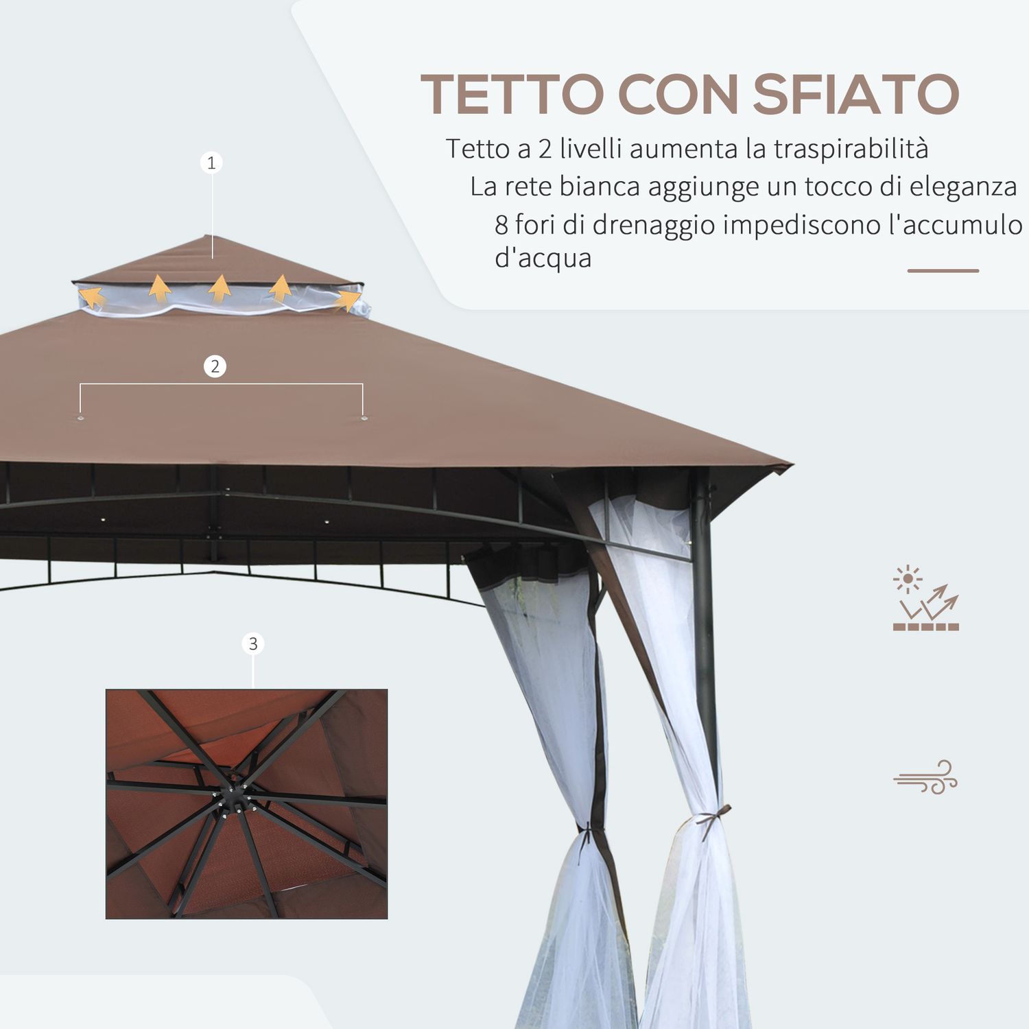 Gazebo da giardino 3x3m con zanzariera, tetto a 2 livelli e struttura in metallo marrone - 