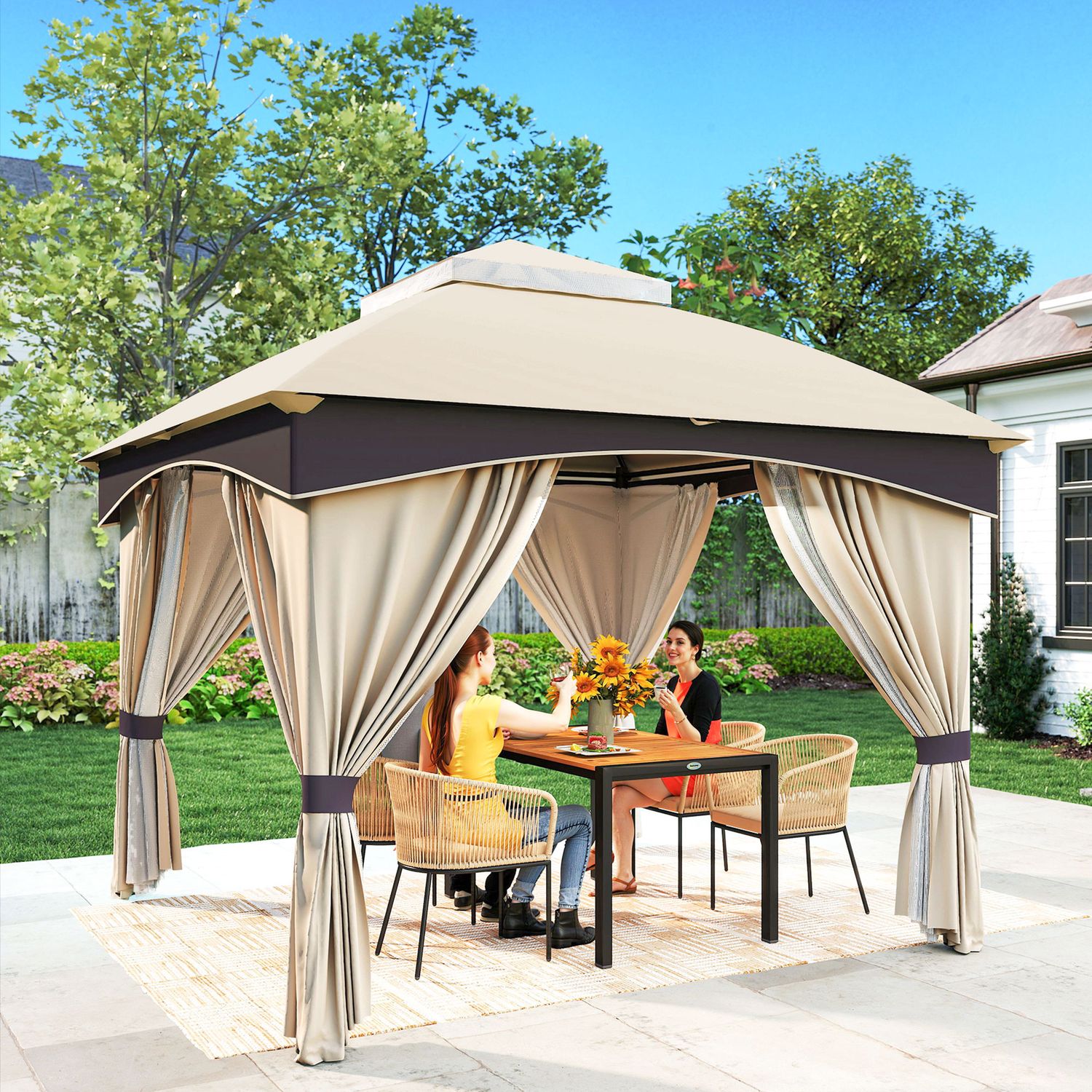 Gazebo da giardino 3x3m in acciaio con doppio tettuccio e tende, beige e grigio - 