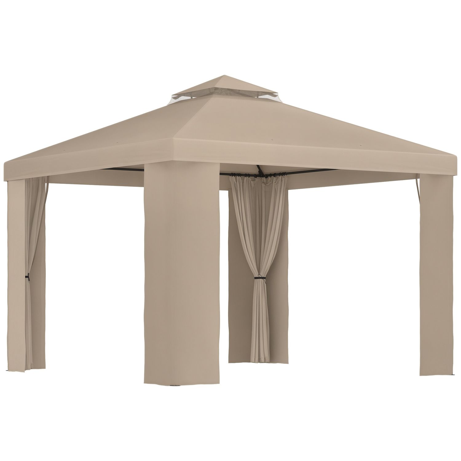 Gazebo da giardino 3x3m in metallo con zanzariera e tetto a 2 livelli in poliestere cachi - 