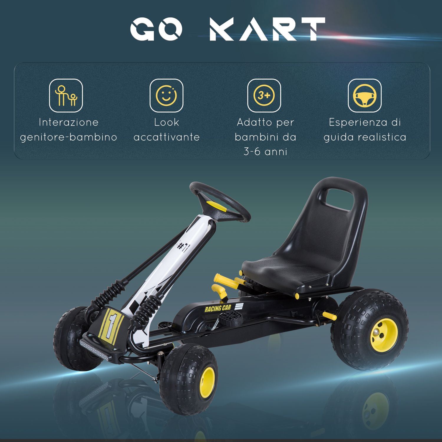 Go-kart a pedali per bambini con sedile regolabile, freno e frizione, 95x66.5x57cm, bianco nero - 