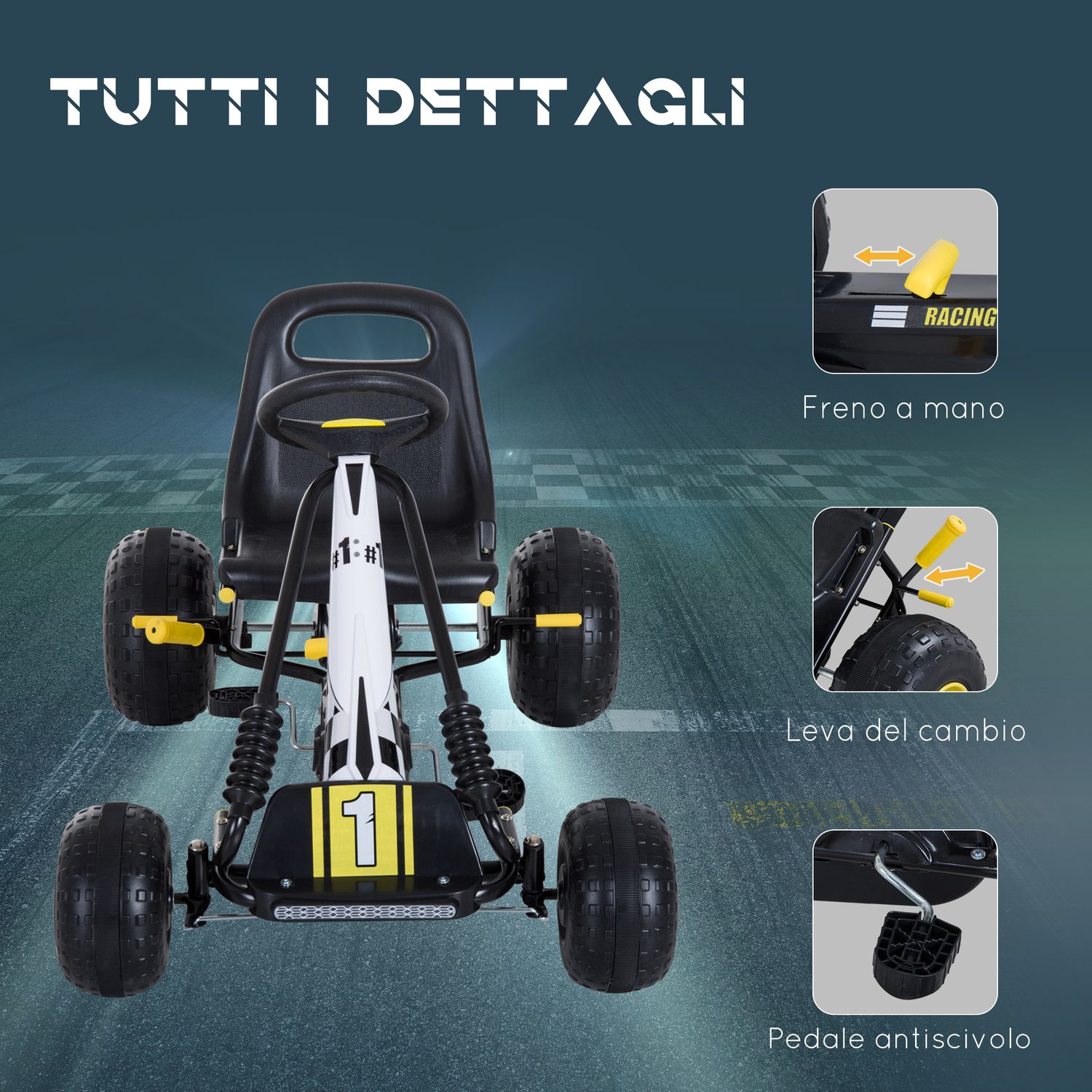 Go-kart a pedali per bambini con sedile regolabile, freno e frizione, 95x66.5x57cm, bianco nero - 
