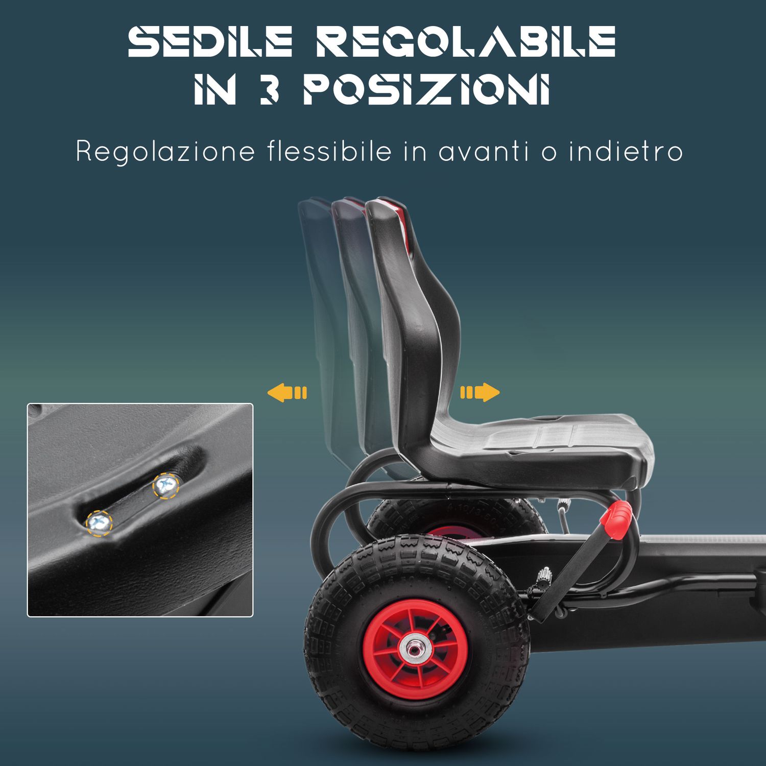 Go kart a pedali per bambini da 5-12 anni con sedile regolabile e ruote in gonfiabili, rosso - 