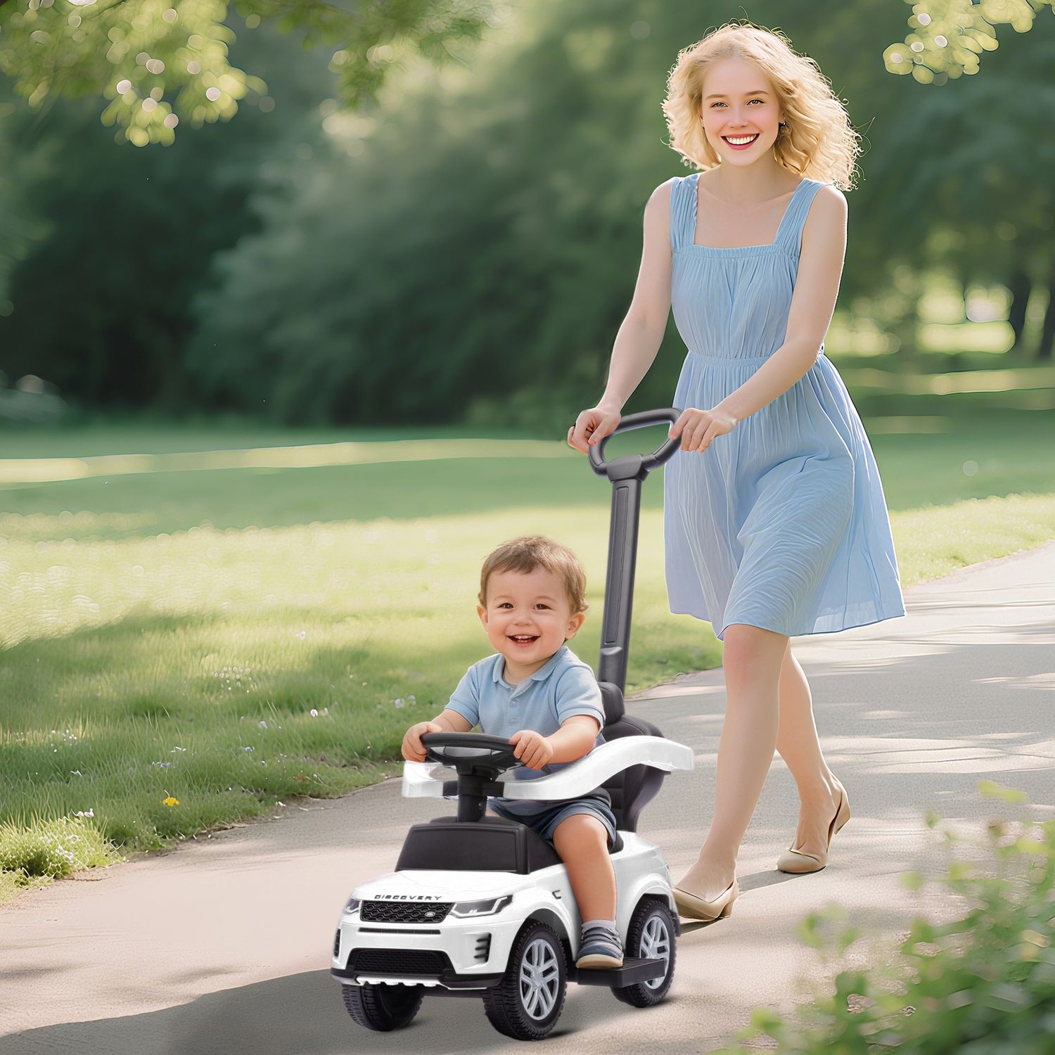 Macchina cavalcabile licenza land rover con maniglia e barriera, in pp e acciaio, 84x40x94.5 cm, bianco - 