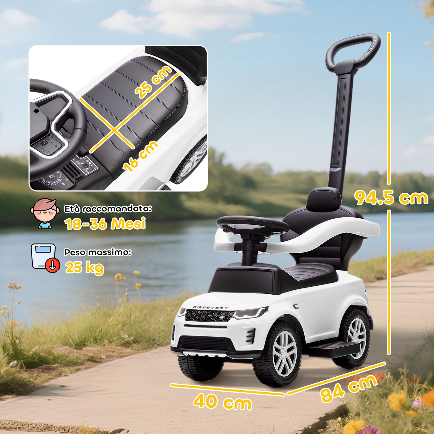 Macchina cavalcabile licenza land rover con maniglia e barriera, in pp e acciaio, 84x40x94.5 cm, bianco - 