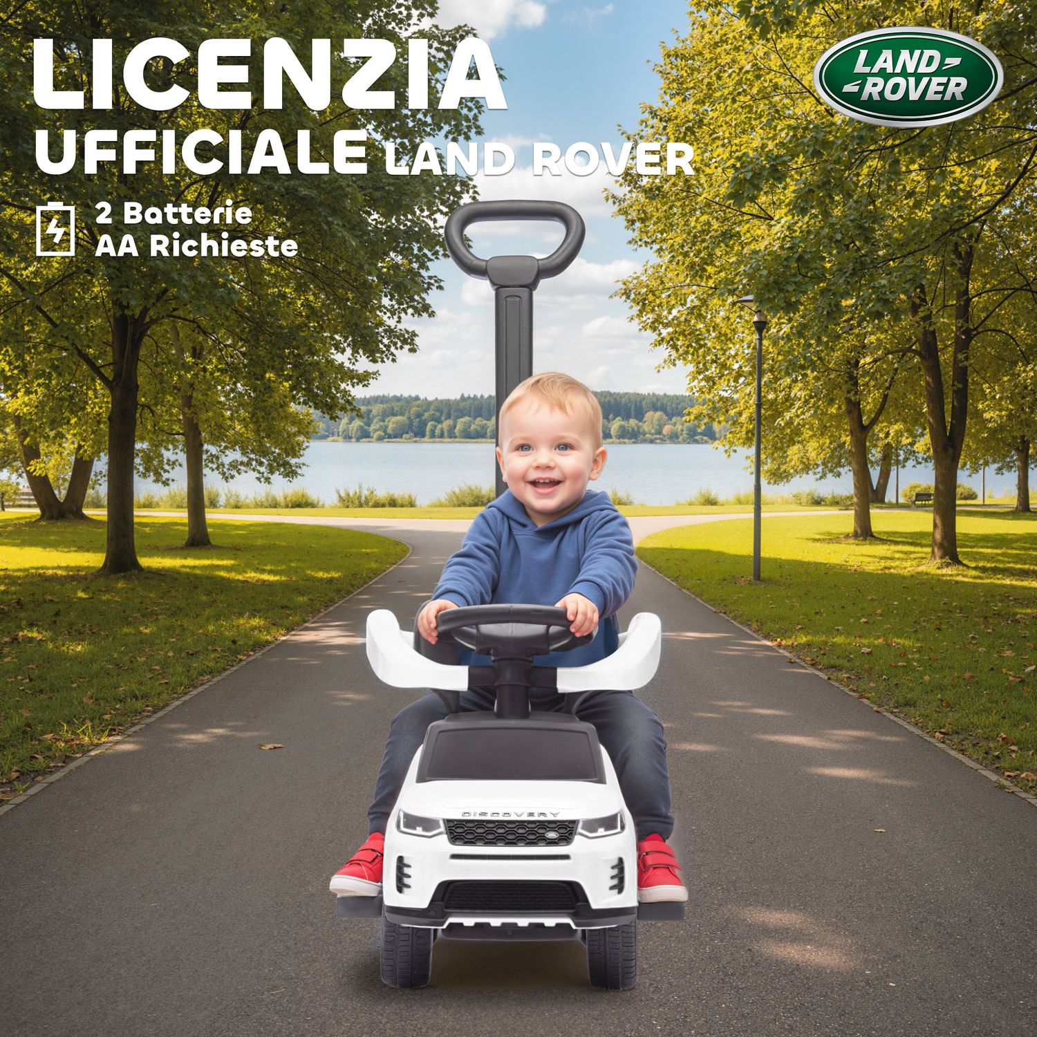 Macchina cavalcabile licenza land rover con maniglia e barriera, in pp e acciaio, 84x40x94.5 cm, bianco - 