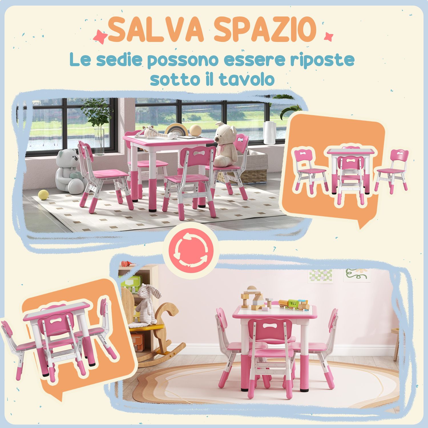 Set tavolo e sedie per bambini 5pz con 4 sedie regolabili 32x36x52.5-56 cm e tavolo 60x60x46-58 cm, rosa - 
