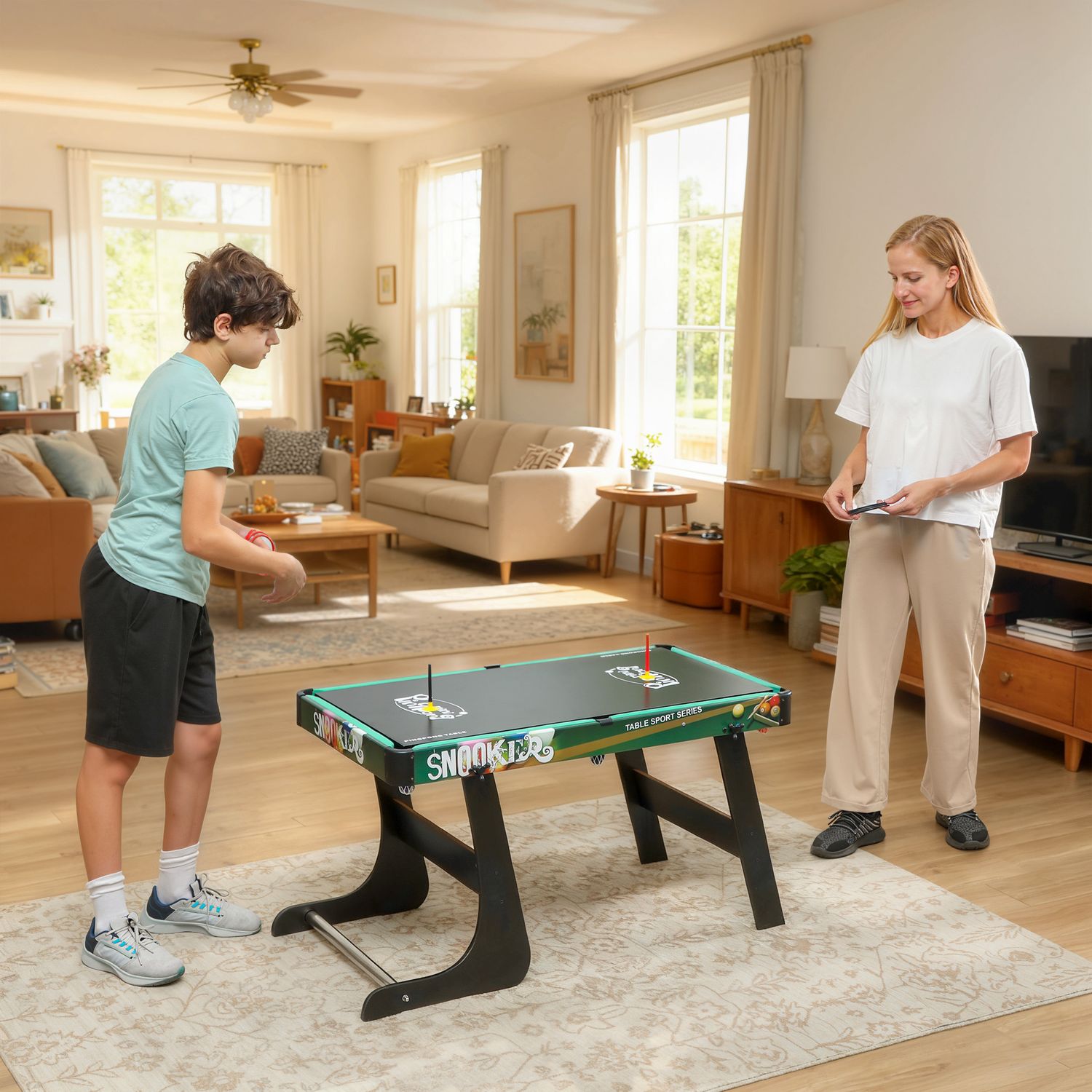 Tavolo da gioco 6 in 1 con calcio balilla, biliardo, air hockey, ping pong, anelli e hockey su prato, 118x104x71 cm - 