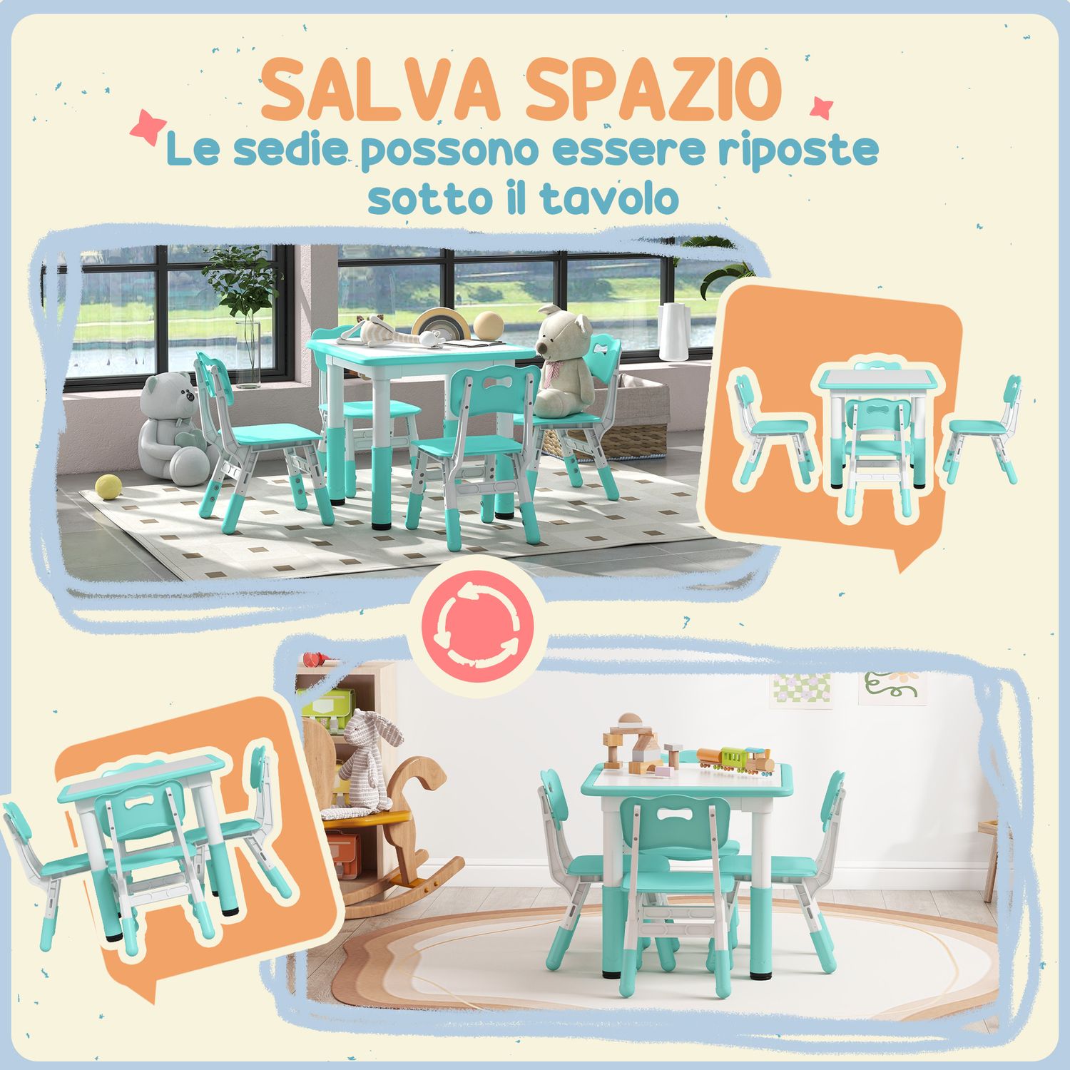 Set tavolo e sedie per bambini 5pz con 4 sedie regolabili 32x36x52.5-56 cm e tavolo 60x60x46-58 cm, verde - 
