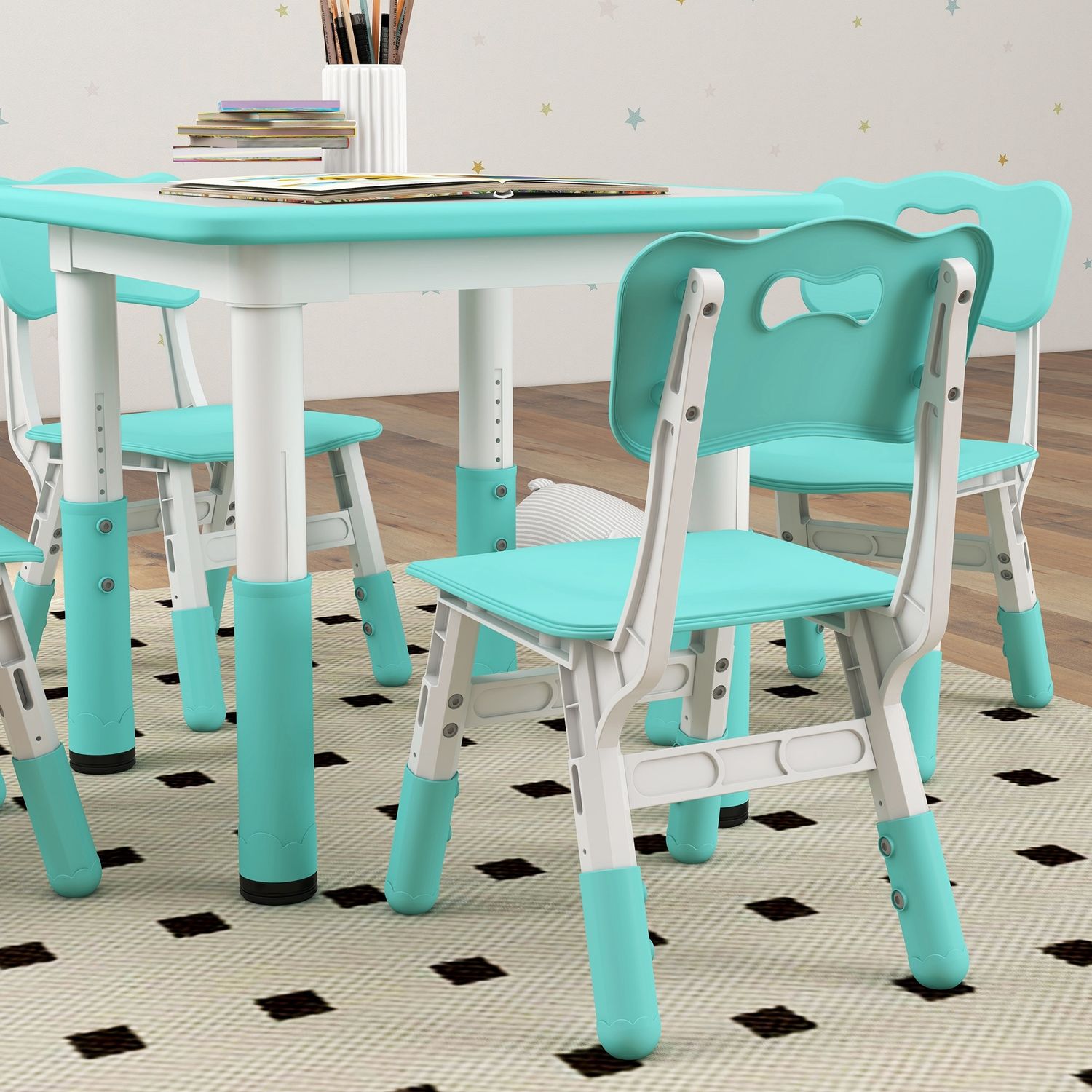 Set tavolo e sedie per bambini 5pz con 4 sedie regolabili 32x36x52.5-56 cm e tavolo 60x60x46-58 cm, verde - 