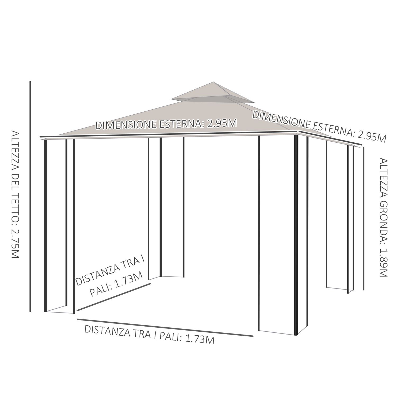 Gazebo da giardino 3x3m in metallo con zanzariere e tettuccio in poliestere, beige - 