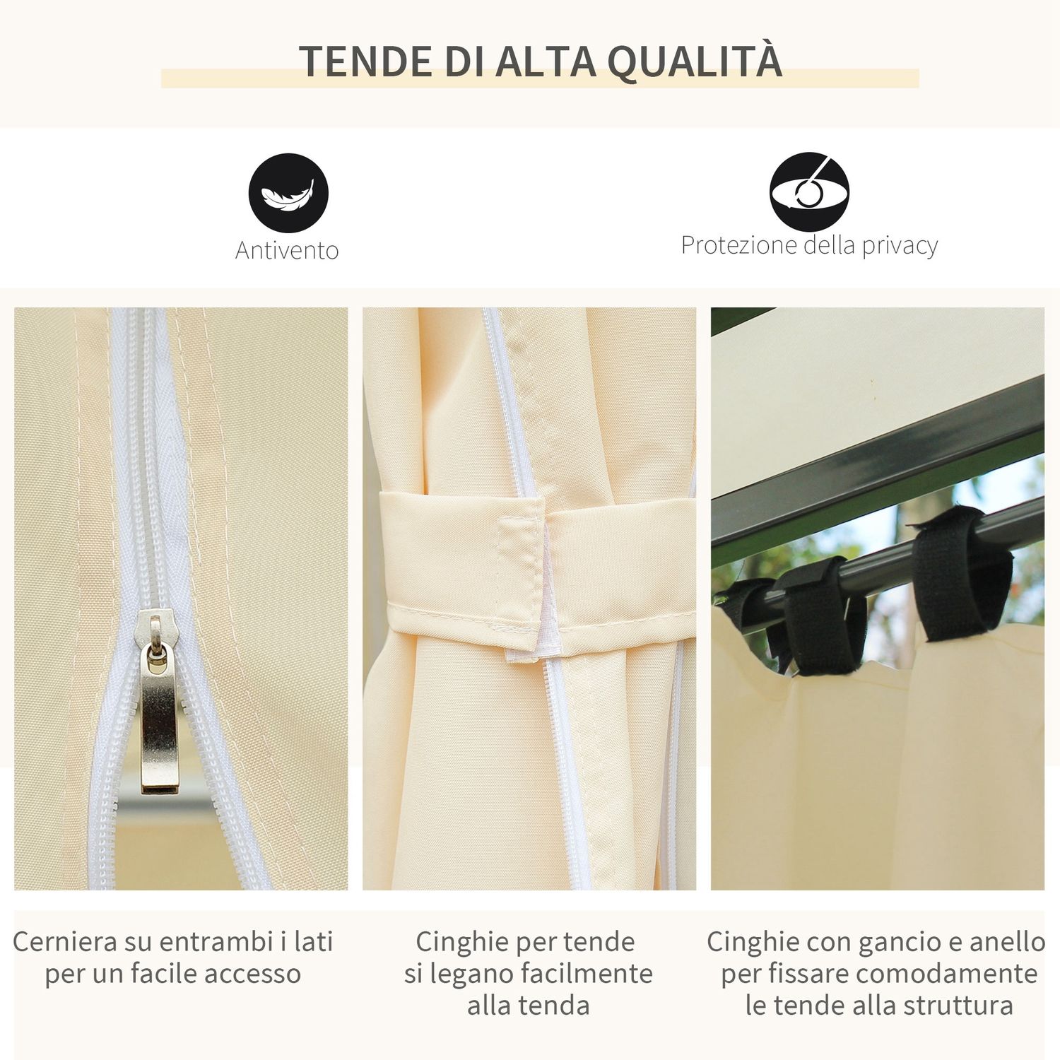 Gazebo da giardino 3x4 m con tende e tetto a 2 livelli bianco crema - 