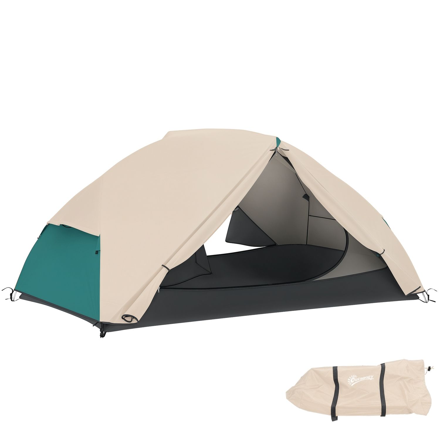 Tenda da campeggio 2 posti con 2 vestiboli, 2 porte, 2 finestre e borsa di trasporto, 2.8x2.25x1.1 cm, beige - 