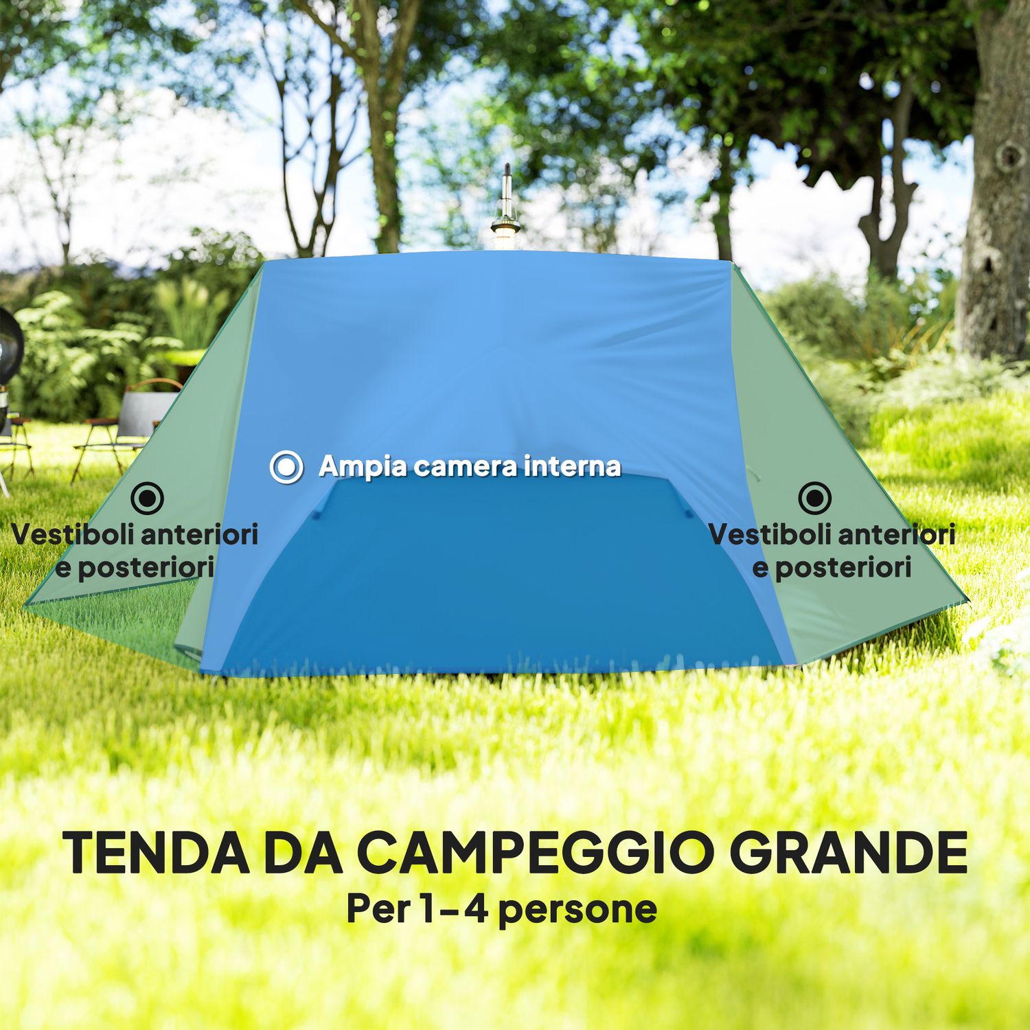 Tenda da campeggio 2 posti con 2 vestiboli, 2 porte, 2 finestre e borsa di trasporto, 2.8x2.25x1.1 cm, beige - 