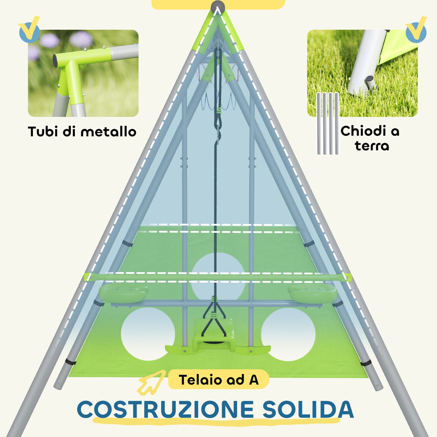 Gioco per bambini 4 in 1 con 2 altalene da giardino, canestro e porta da calcio, 215x180x182 cm, verde e grigio - 