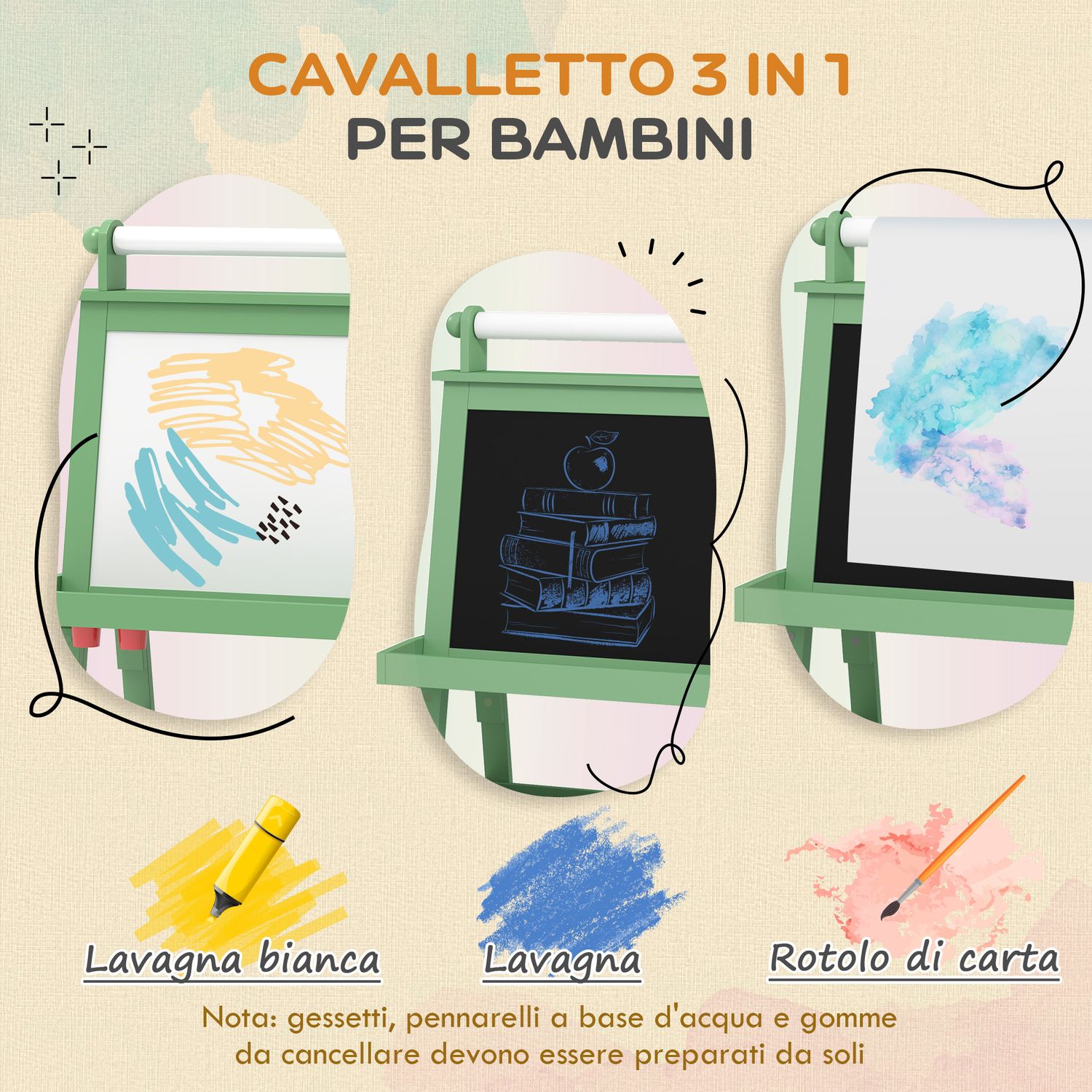 Lavagna per bambini con cavalletto 3 in 1, rotolo di carta e 2 contenitori, in legno, 59x48x118 cm, verde - 