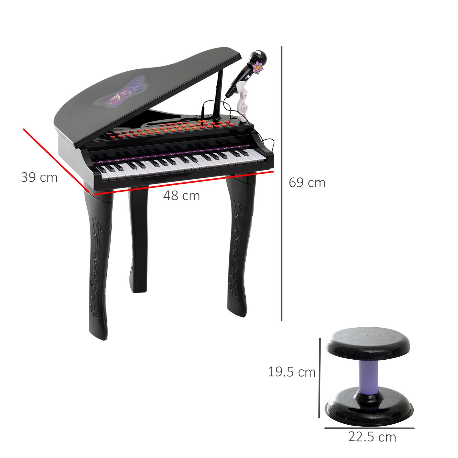 Pianoforte elettrico giocattolo strumento musicale per bambini con 37 tasti microfono e sgabello 48x39x69cm nero - 