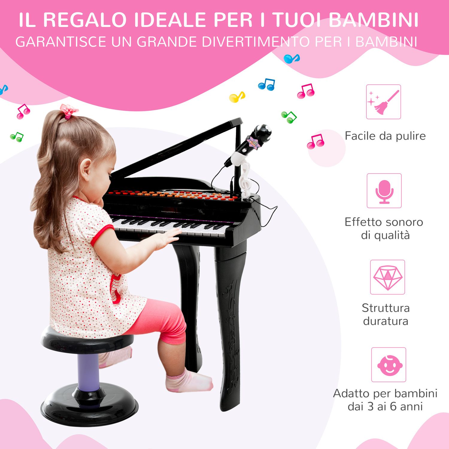 Pianoforte elettrico giocattolo strumento musicale per bambini con 37 tasti microfono e sgabello 48x39x69cm nero - 