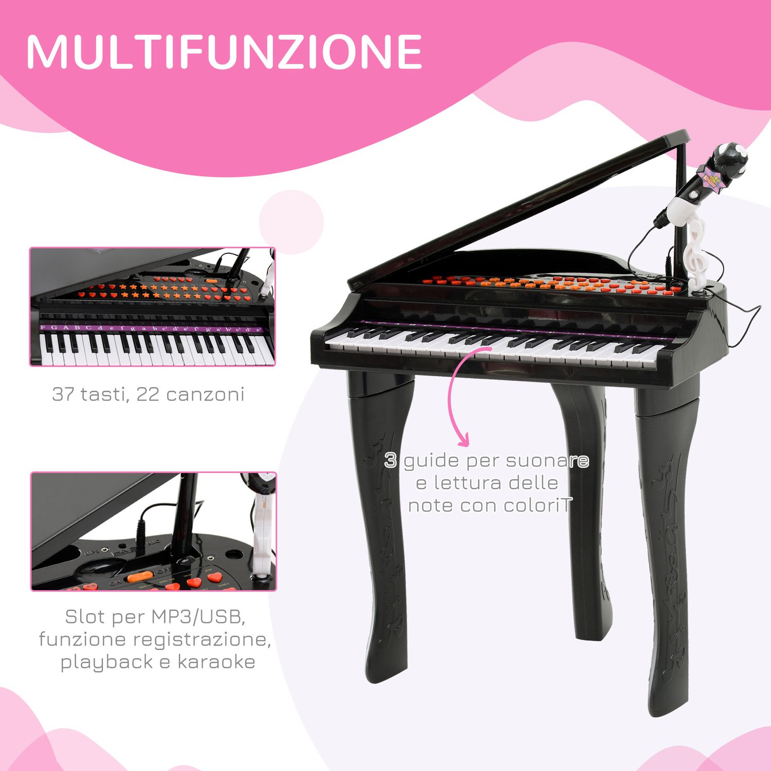 Pianoforte elettrico giocattolo strumento musicale per bambini con 37 tasti microfono e sgabello 48x39x69cm nero - 