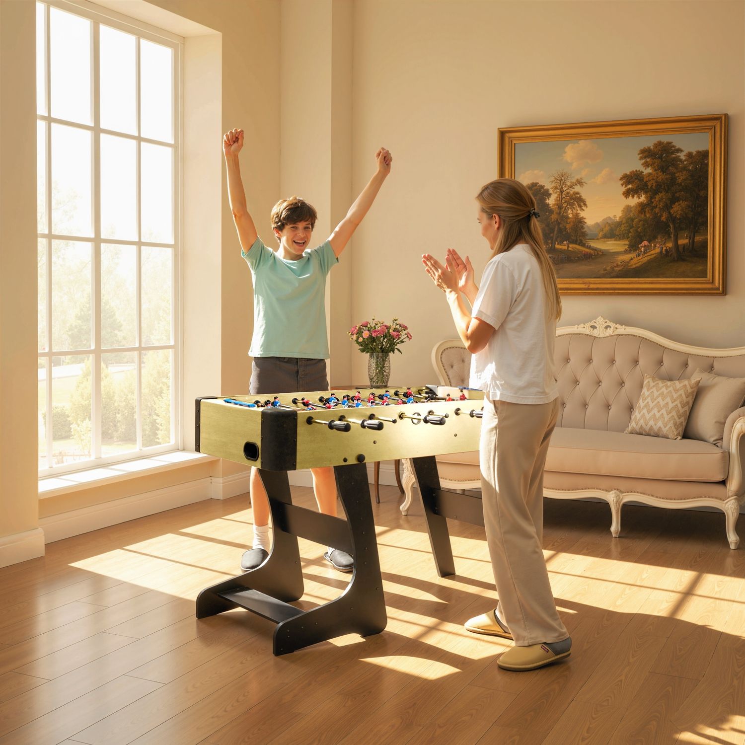 Calcio balilla pieghevole con impugnature antiscivolo, 2 palline e segnapunti, verde e color legno - 