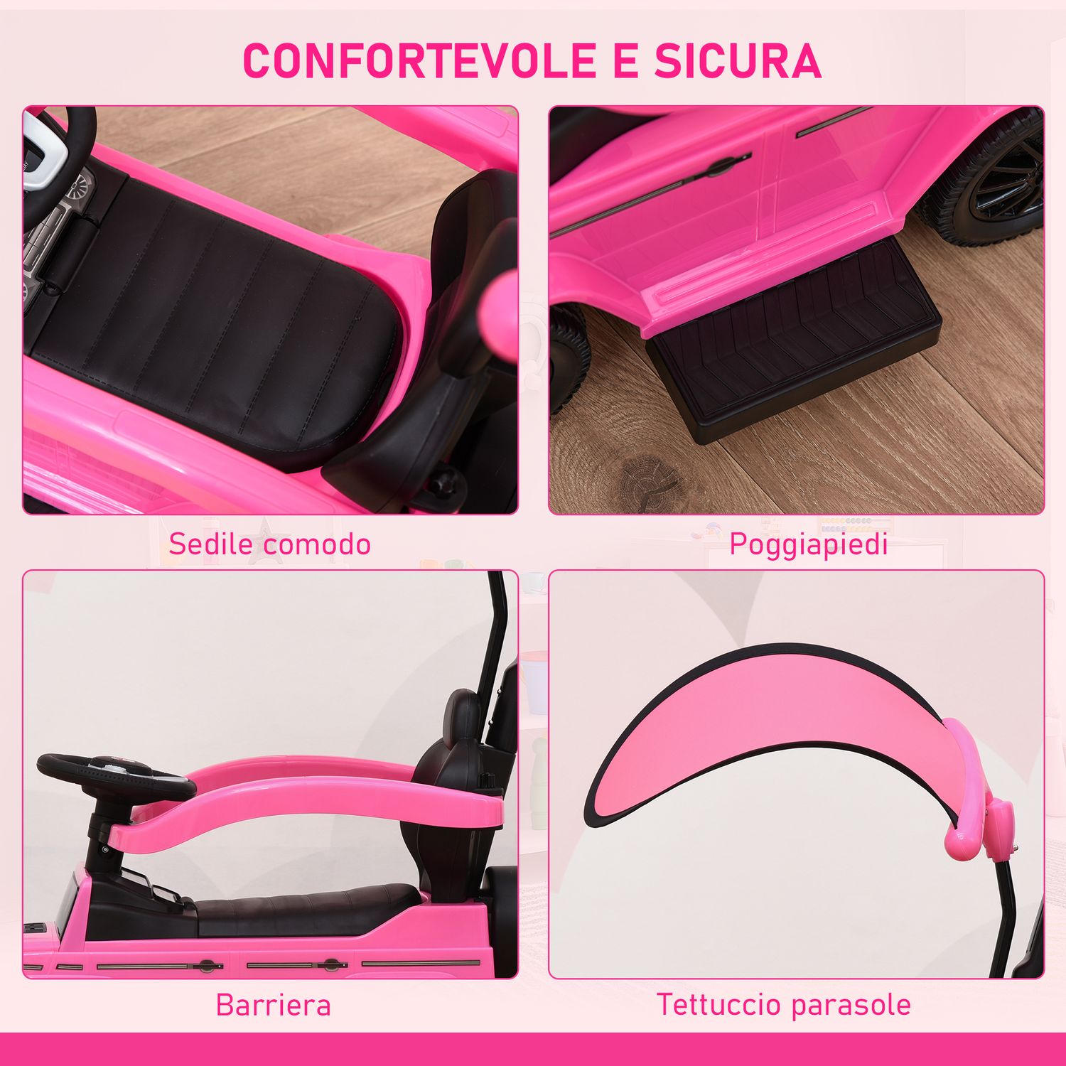 Macchina a spinta per bambini 12-36 mesi con licenza mercedes, tettuccio e maniglia, 85.5x40.5x95 cm, rosa - 