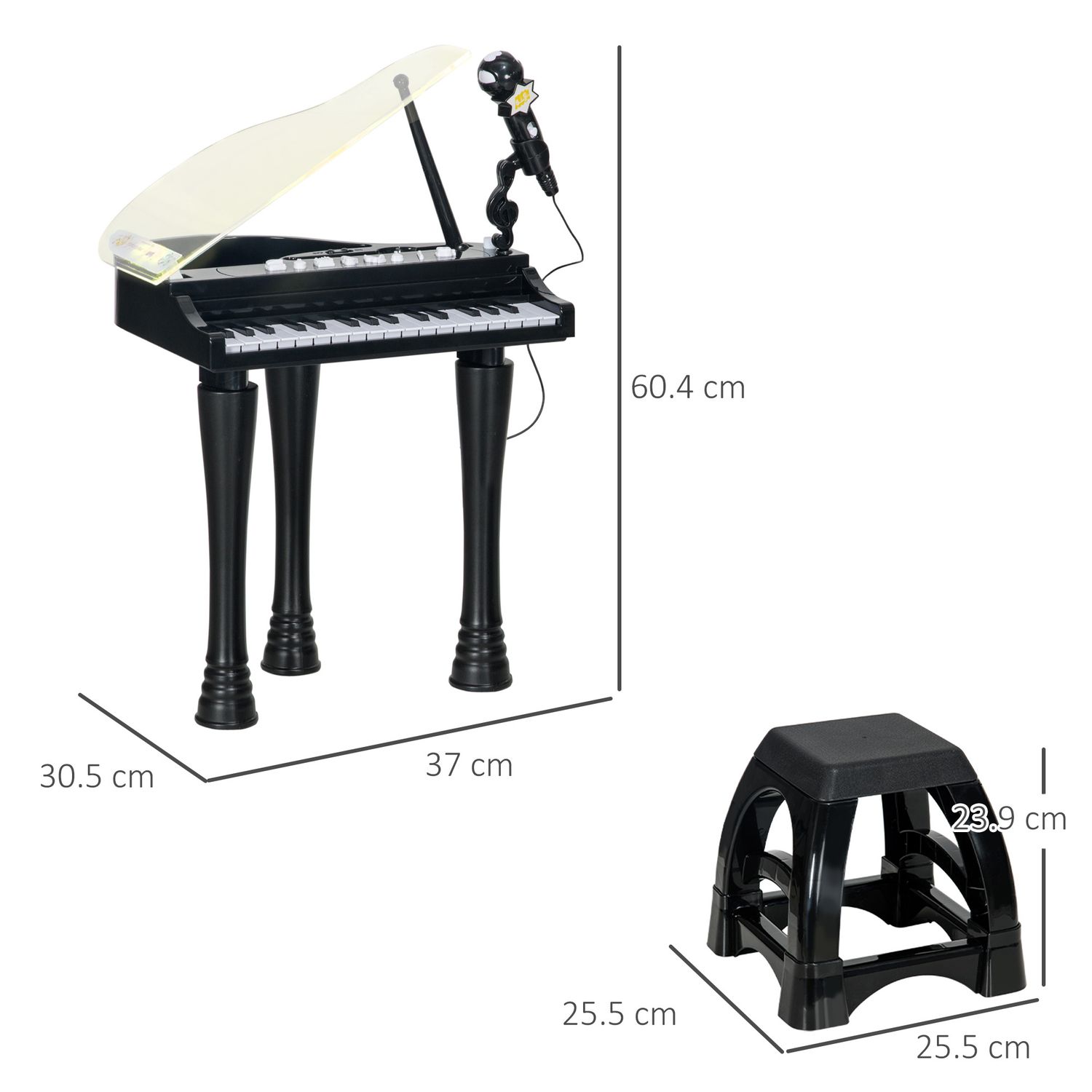 Pianoforte per bambini a 32 tasti con sgabello, microfono, musiche, luci e gambe rimovibili, nero - 