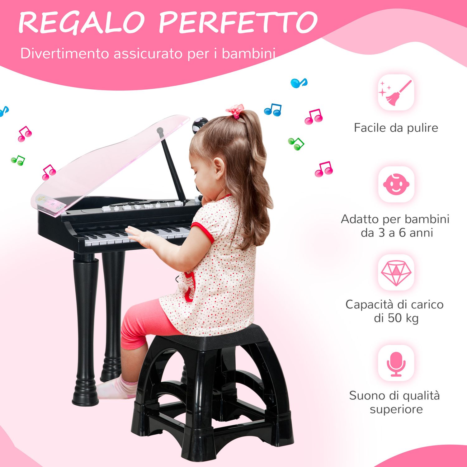 Pianoforte per bambini a 32 tasti con sgabello, microfono, musiche, luci e gambe rimovibili, nero - 