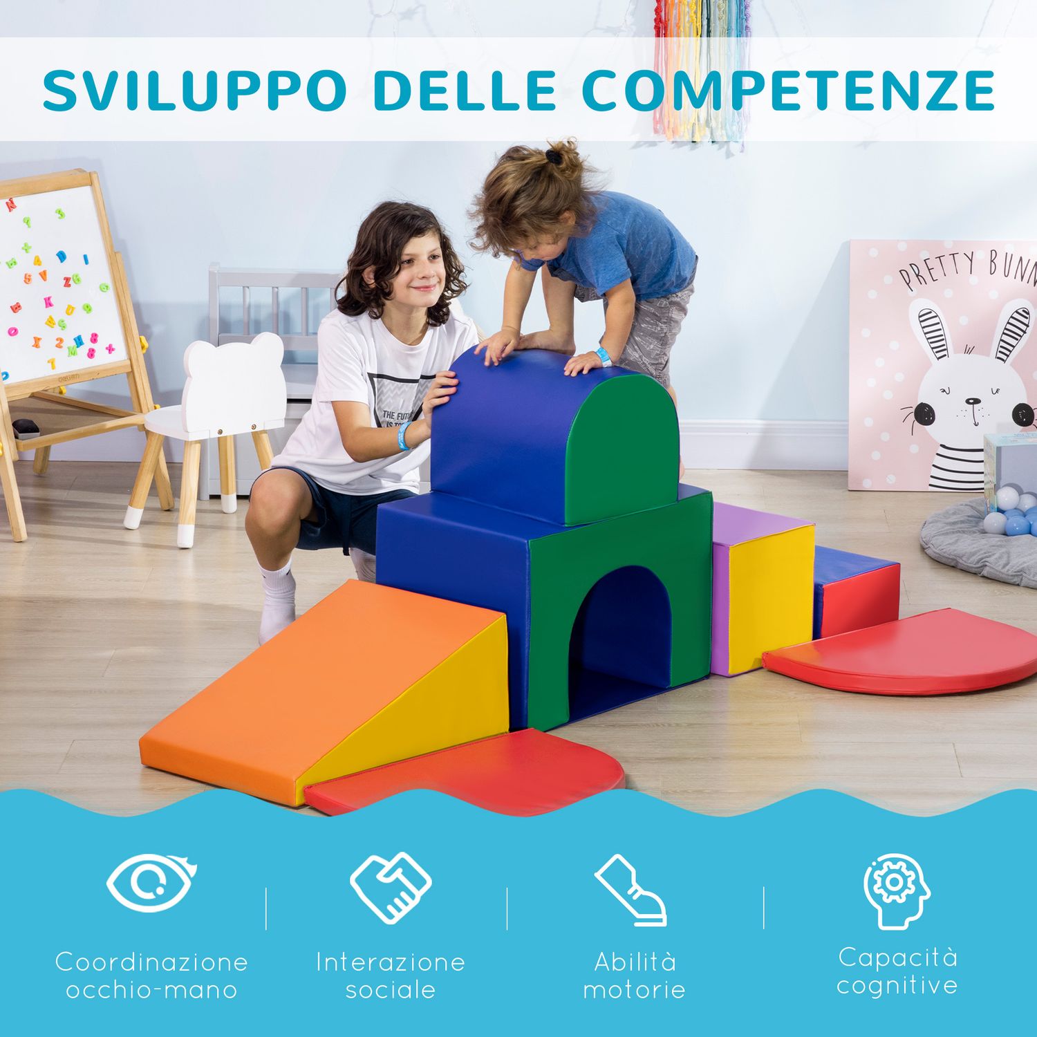 Set da gioco per bambini 1-3 anni da 7 blocchi multicolore in pu e epe, 170x130x40 cm - 