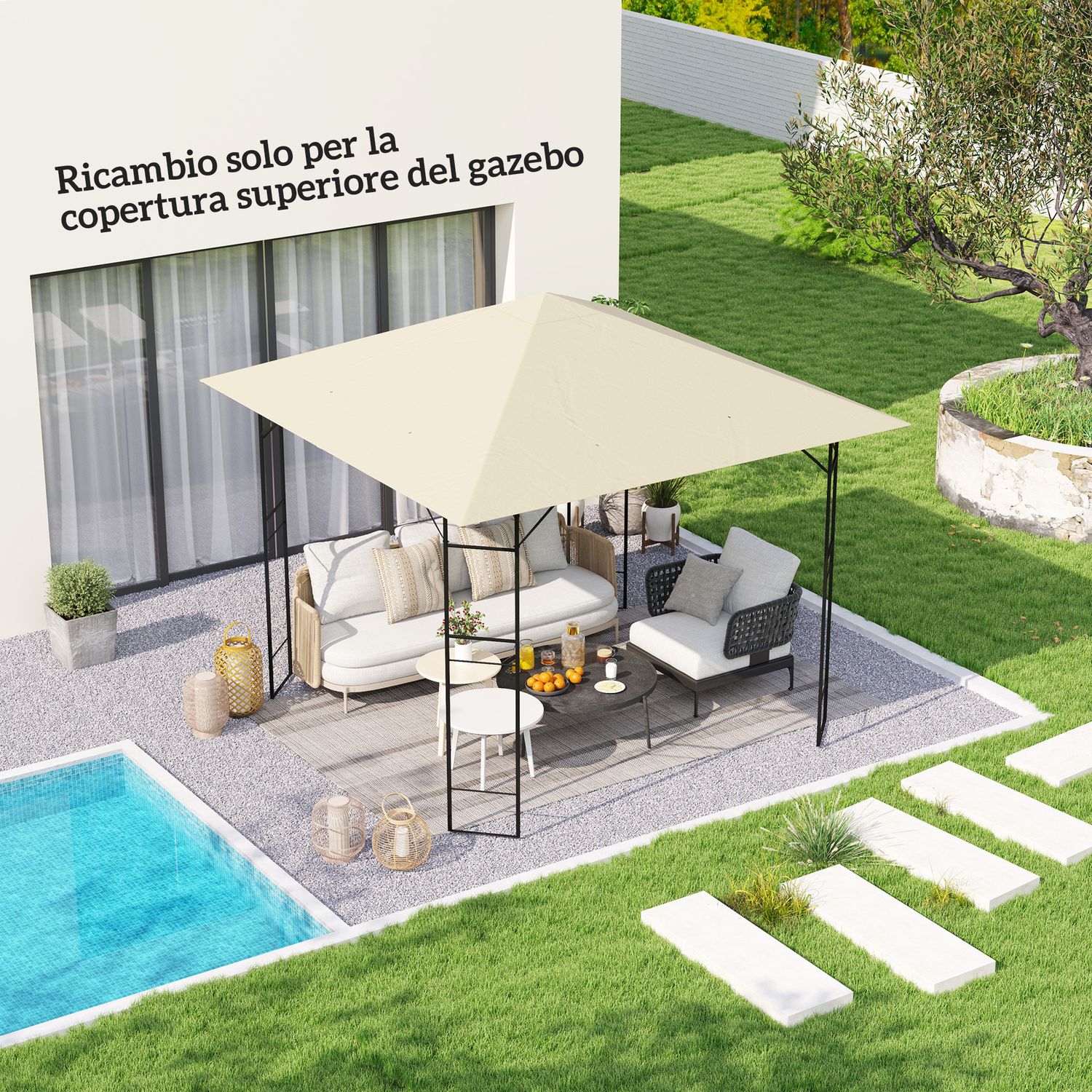 Copertura per gazebo 3x3 m da giardino con 8 fori di drenaggio, in tessuto oxford 600d, bianco crema - 