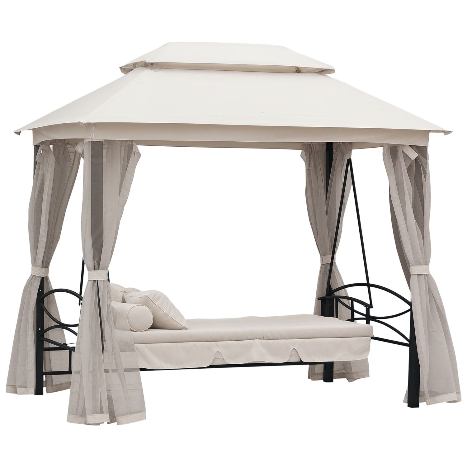 Dondolo 3 posti e lettino singolo copertura a gazebo con zanzariera e cuscini 256x172x248cm crema - 