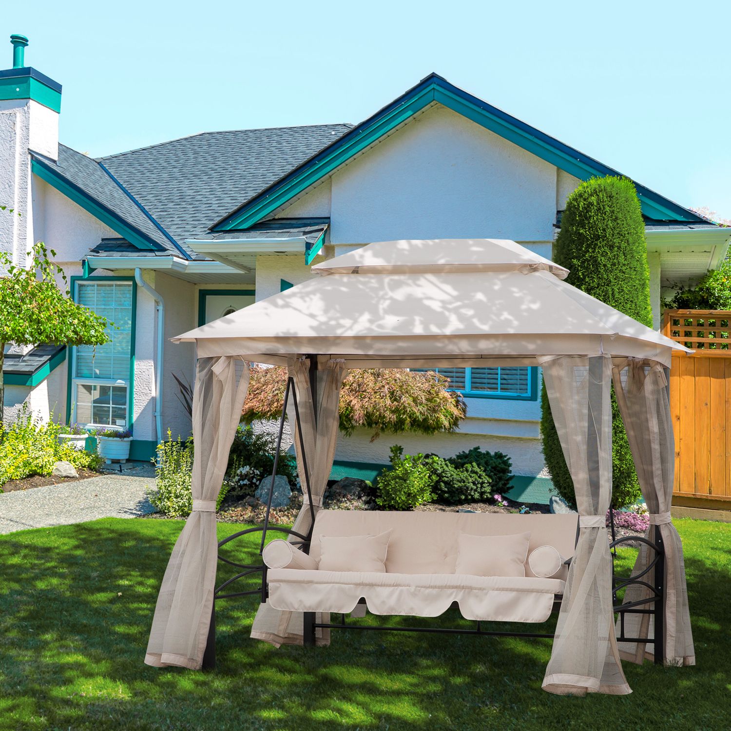 Dondolo 3 posti e lettino singolo copertura a gazebo con zanzariera e cuscini 256x172x248cm crema - 