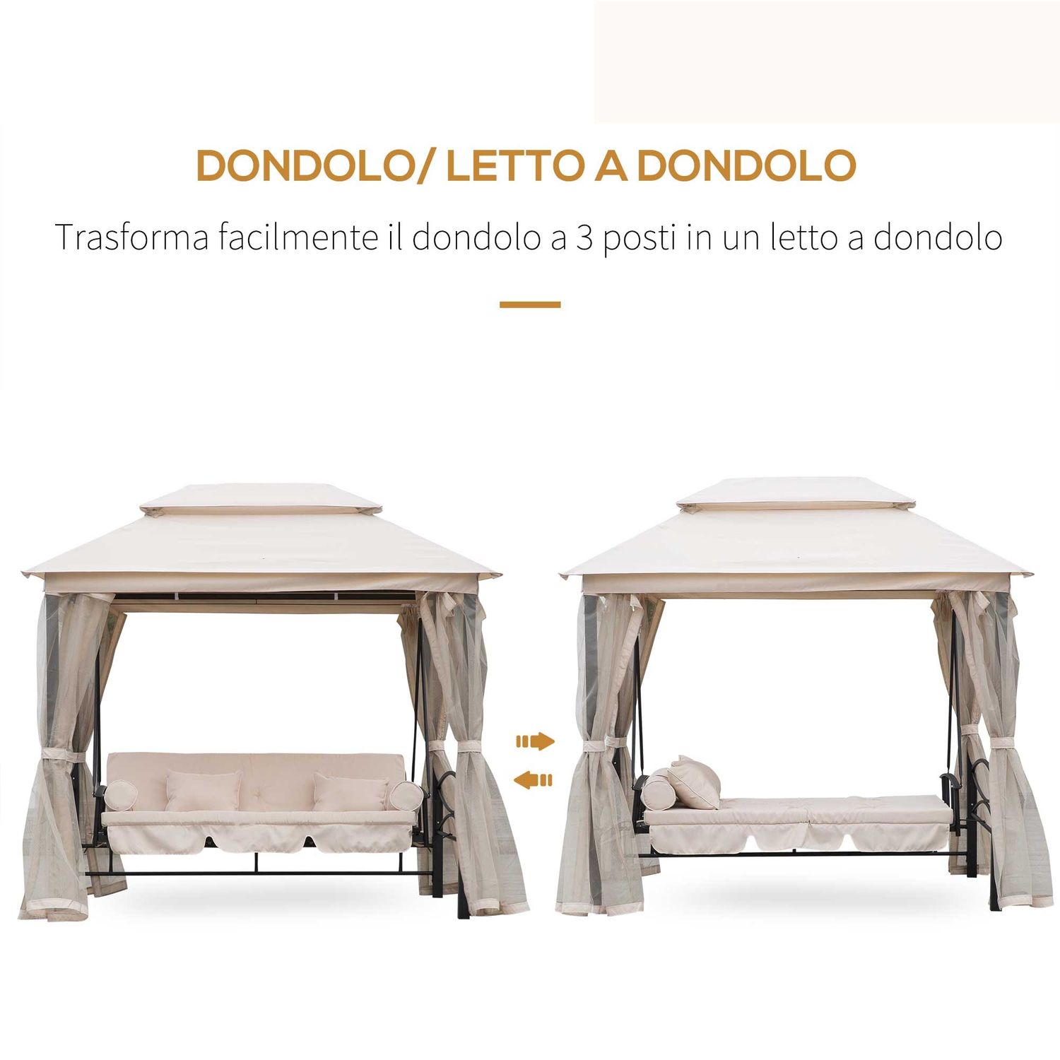 Dondolo 3 posti e lettino singolo copertura a gazebo con zanzariera e cuscini 256x172x248cm crema - 