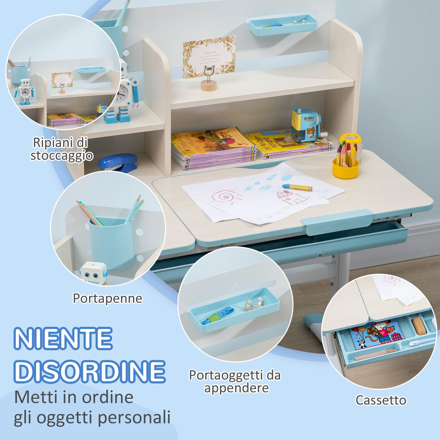 Set scrivania e sedia per bambini da 3 anni regolabile, tavolo inclinabile a 60° con cassetto e ripiani, blu - 