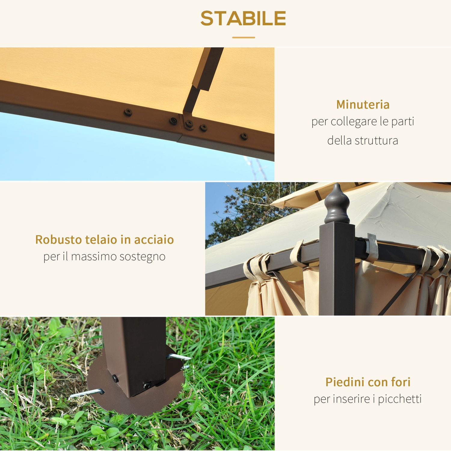 Gazebo da giardino 3 x 3m con 4 tende laterali e doppio tetto beige - 