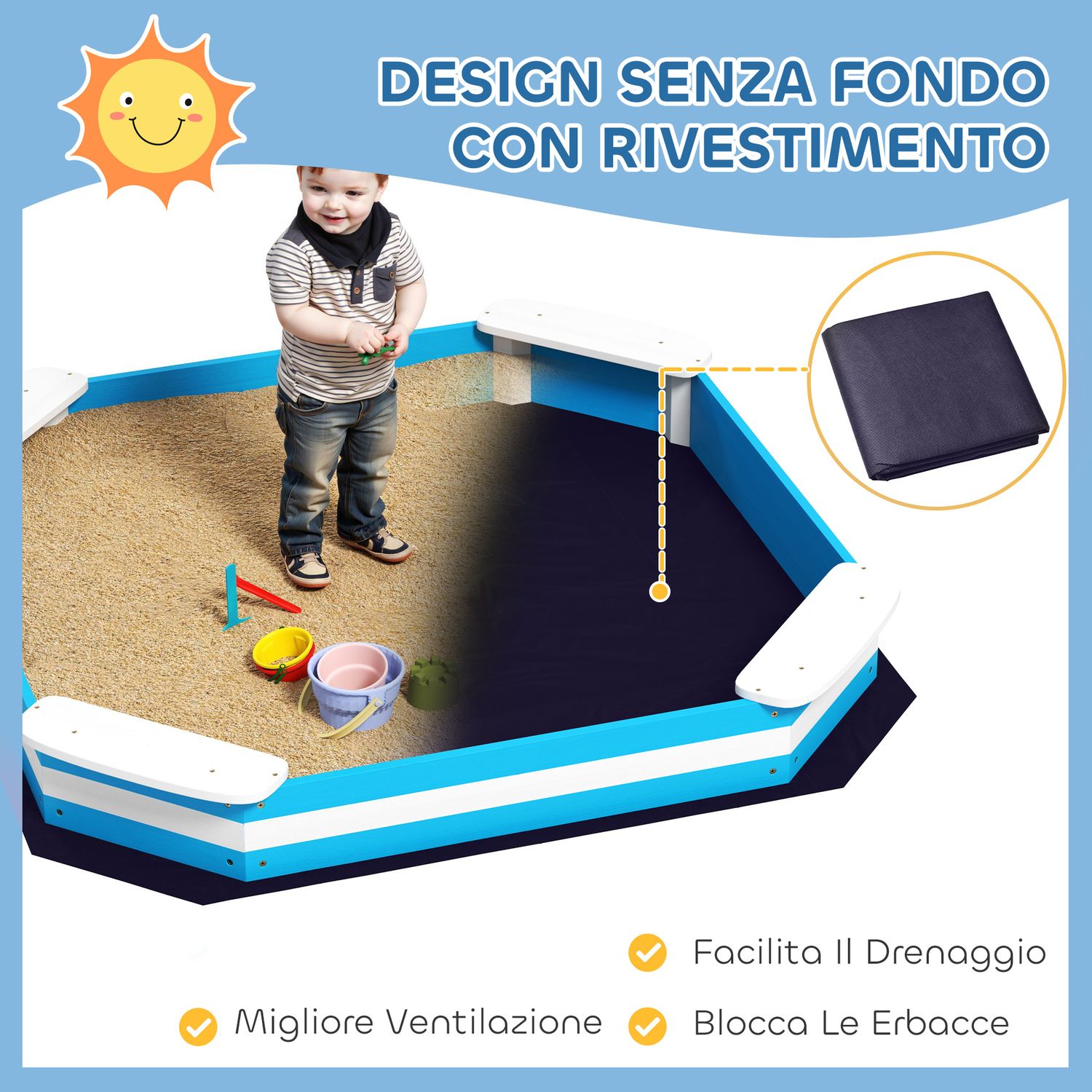 Sabbiera per bambini con 4 sedute angolari in legno, età 3-6 anni, 133x133x16 cm, blu e bianco - 