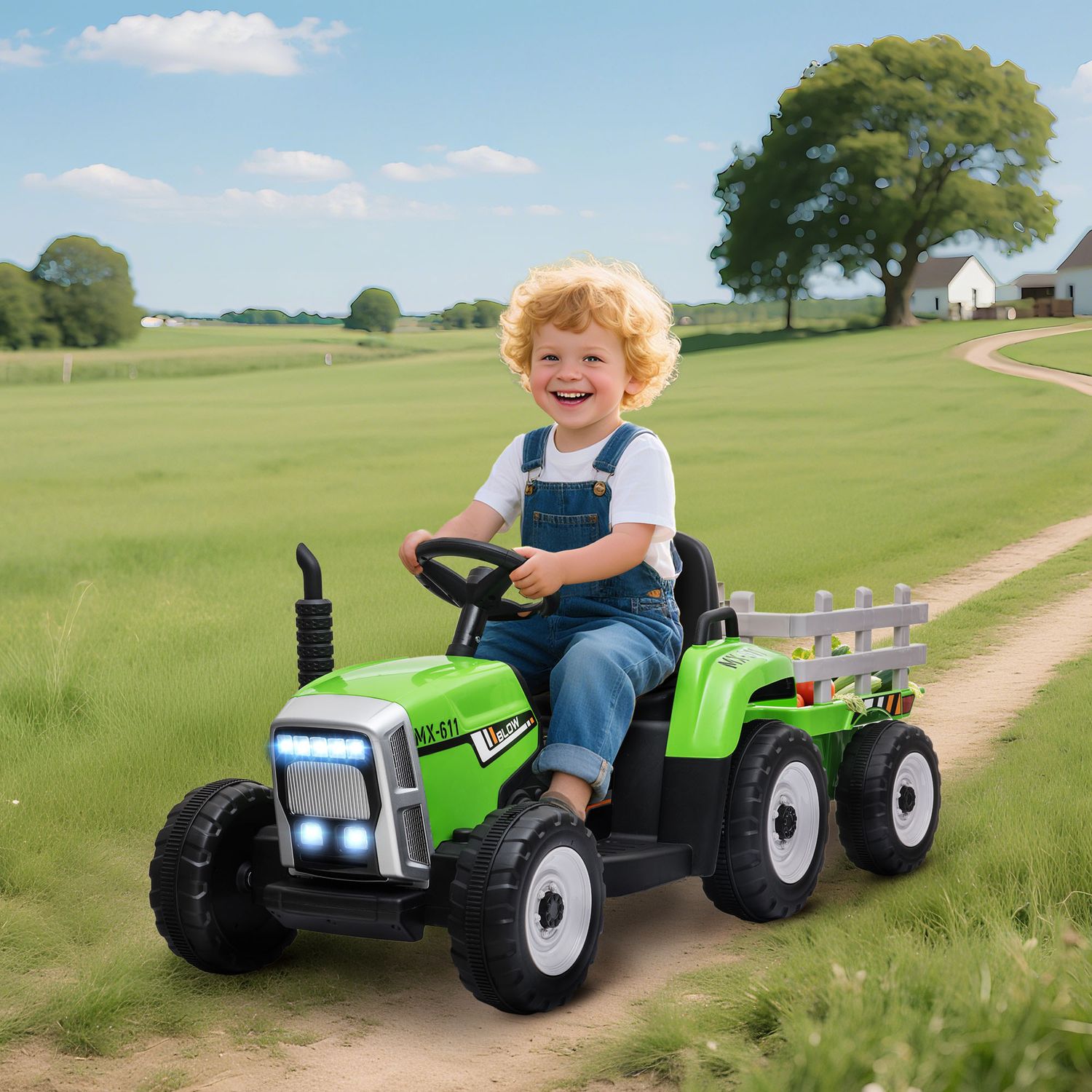 Trattore elettrico per bambini 3-6 anni con rimorchio rimovibile, batteria 12v e telecomando, verde - 