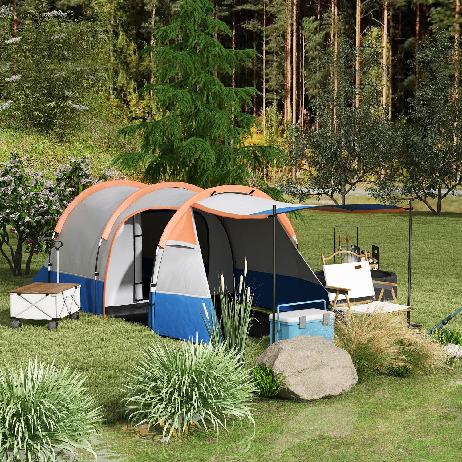 Tenda da campeggio impermeabile con 2 aree e 3 ingressi, poliestere e fibra di vetro, 420x200x150 cm, arancione - 