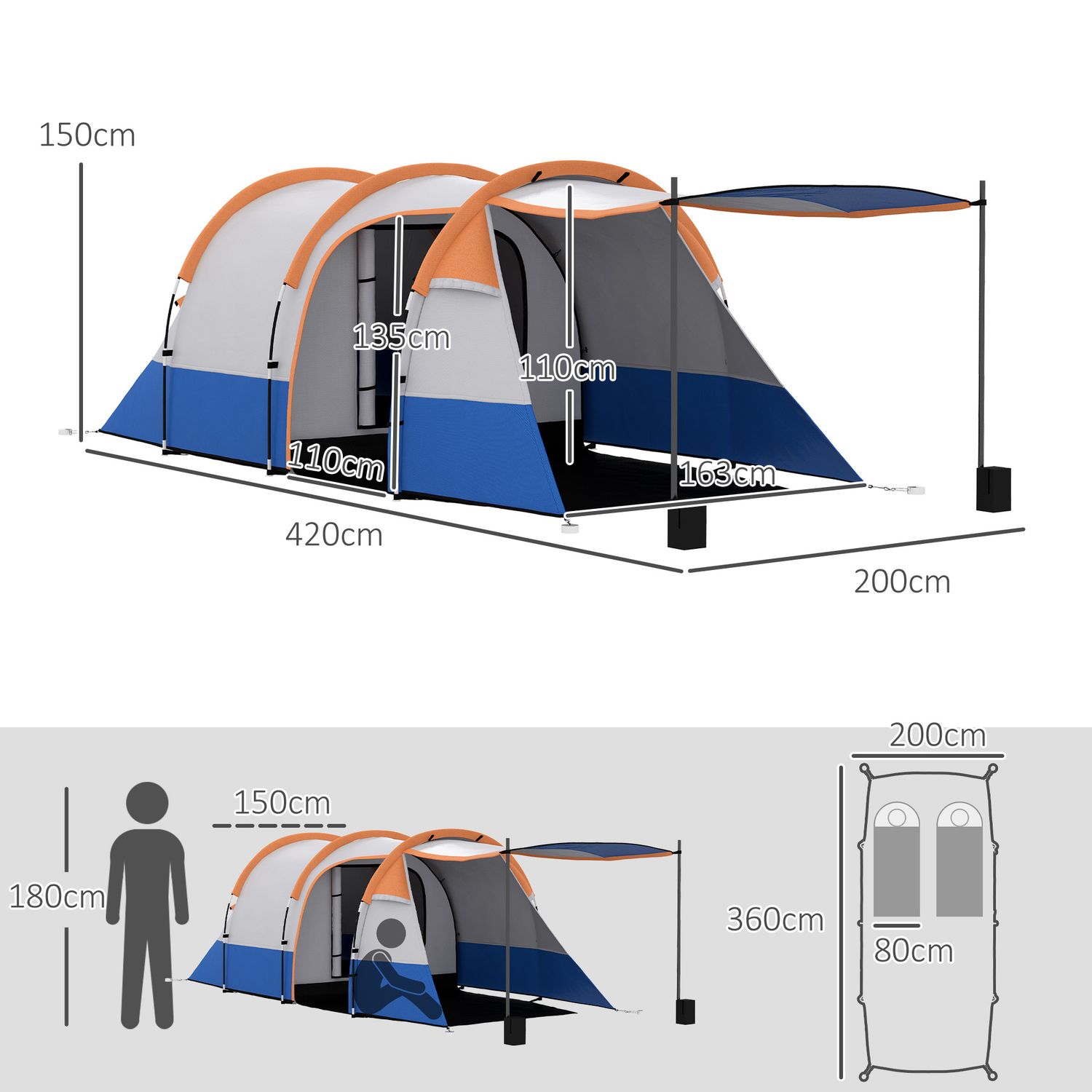 Tenda da campeggio impermeabile con 2 aree e 3 ingressi, poliestere e fibra di vetro, 420x200x150 cm, arancione - 