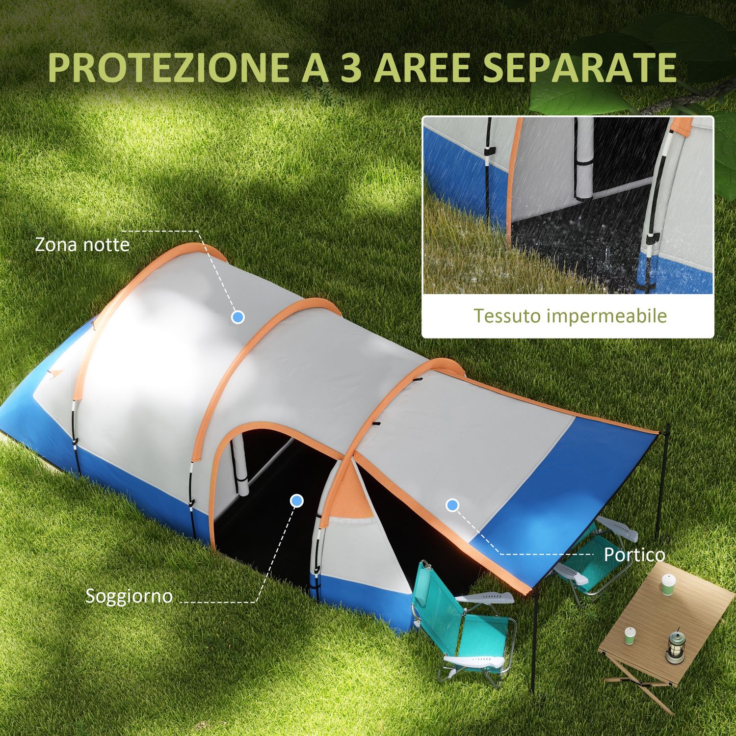 Tenda da campeggio impermeabile con 2 aree e 3 ingressi, poliestere e fibra di vetro, 420x200x150 cm, arancione - 